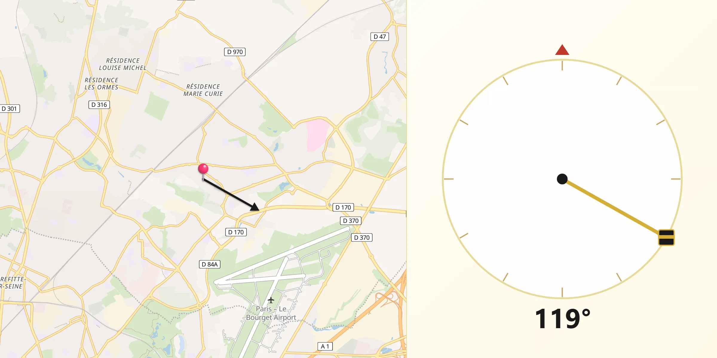 Direction vers la Qibla depuis Arnouville