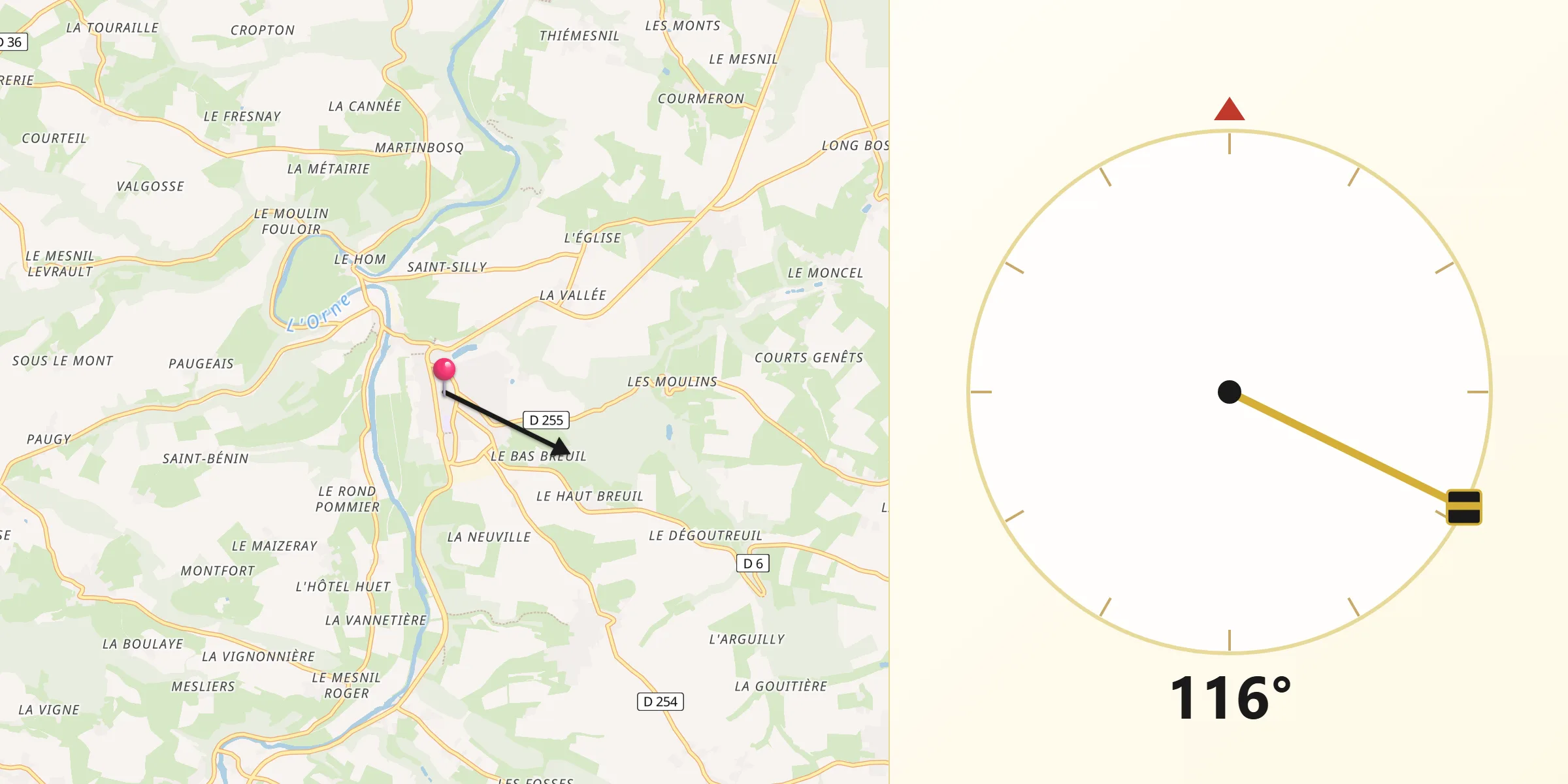 Direction vers la Qibla depuis Thury-Harcourt