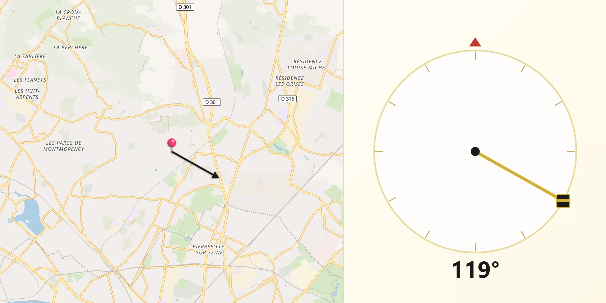 Direction vers la Qibla depuis Groslay