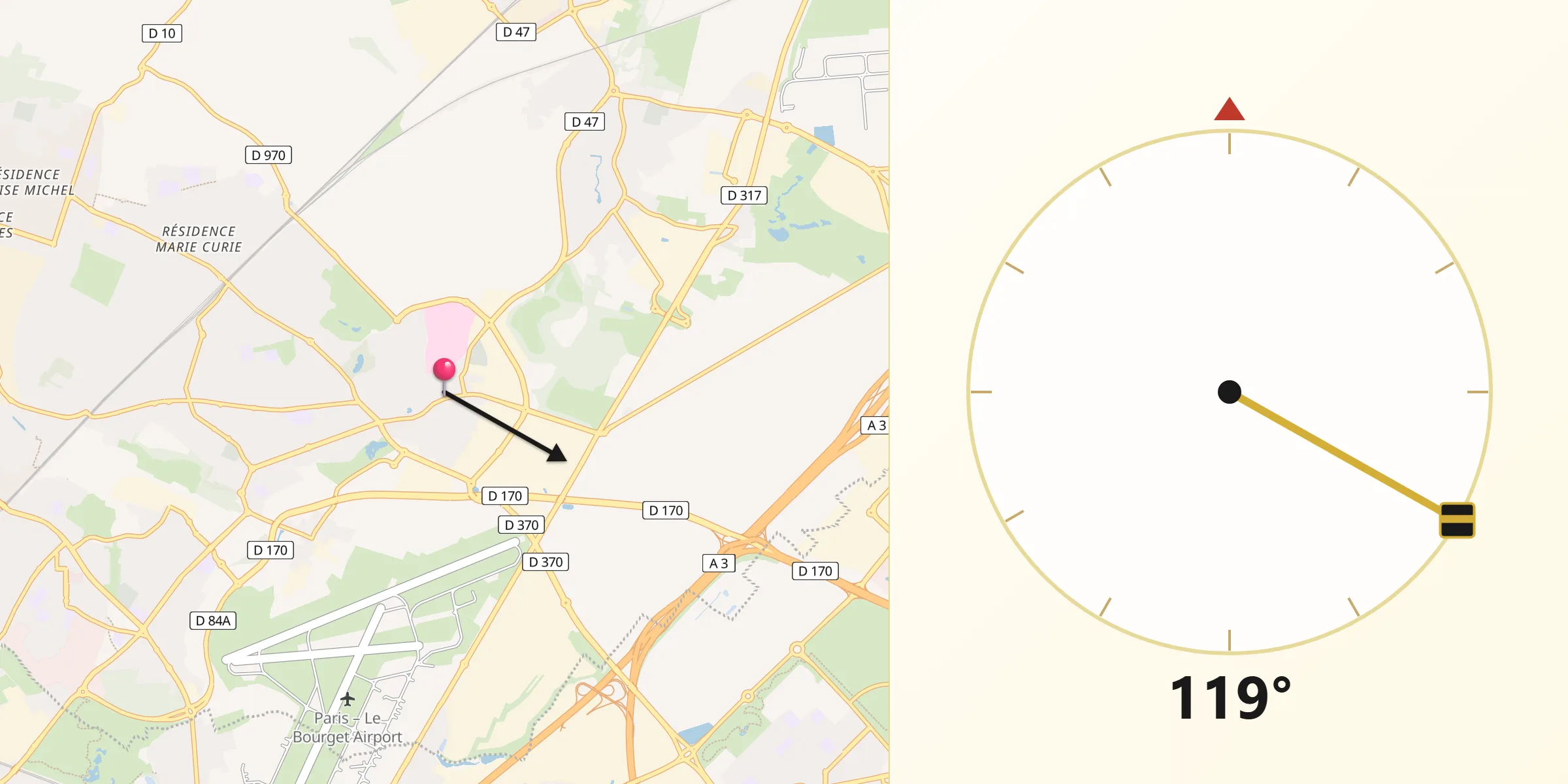 Direction vers la Qibla depuis Gonesse