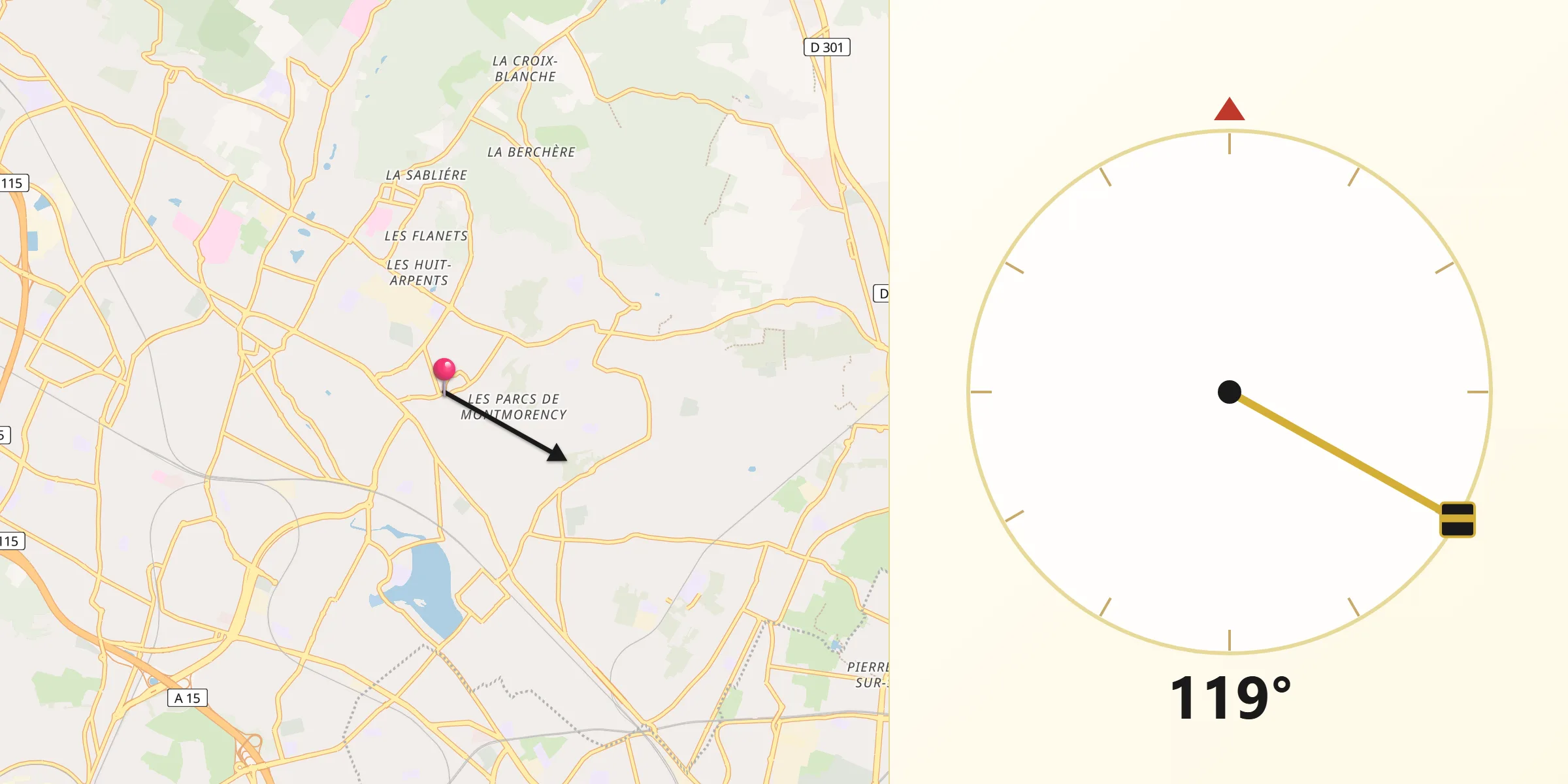 Direction vers la Qibla depuis Soisy-sous-Montmorency