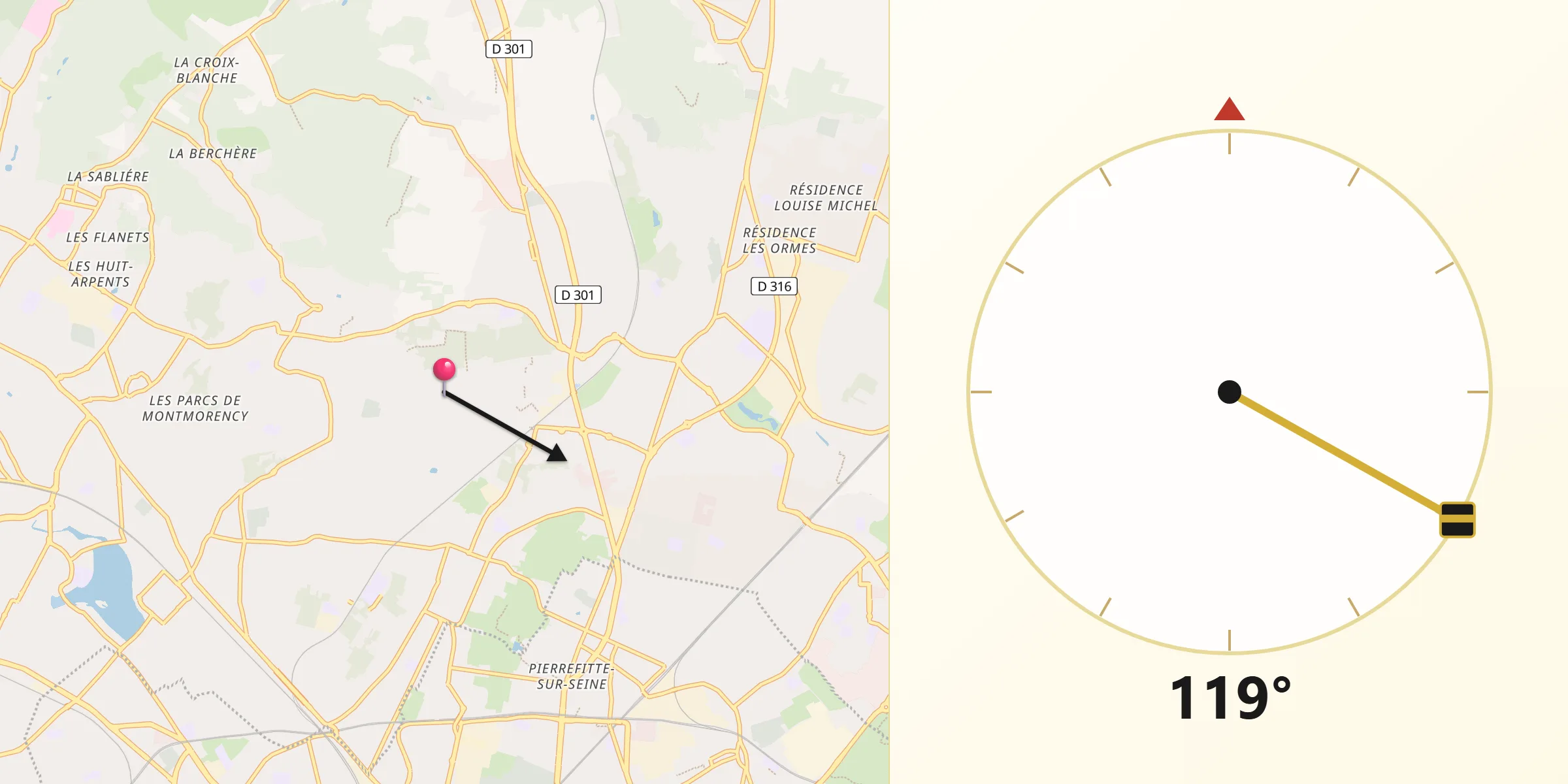 Direction vers la Qibla depuis Montmorency