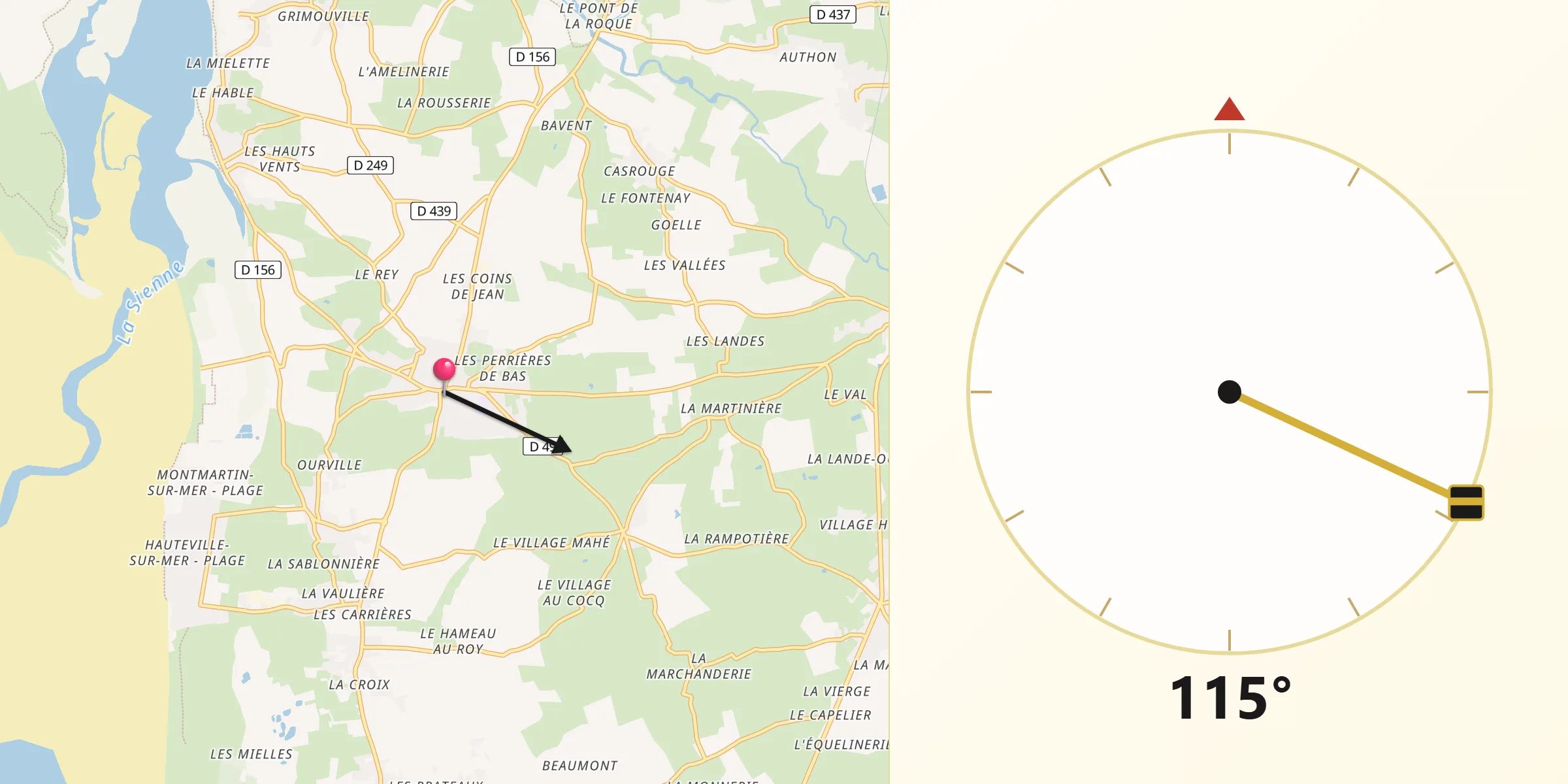 Direction vers la Qibla depuis Montmartin-sur-Mer