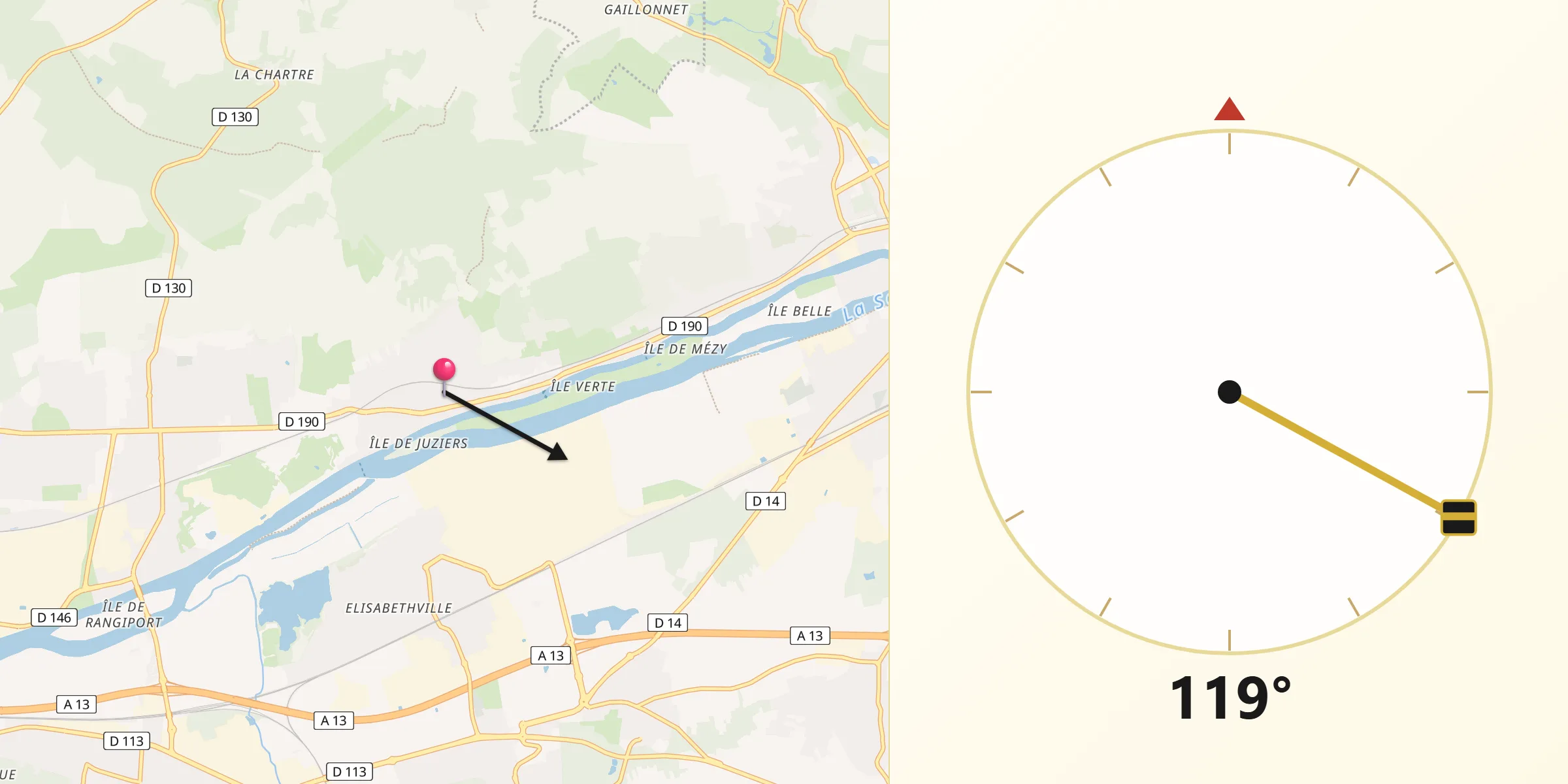 Direction vers la Qibla depuis Juziers