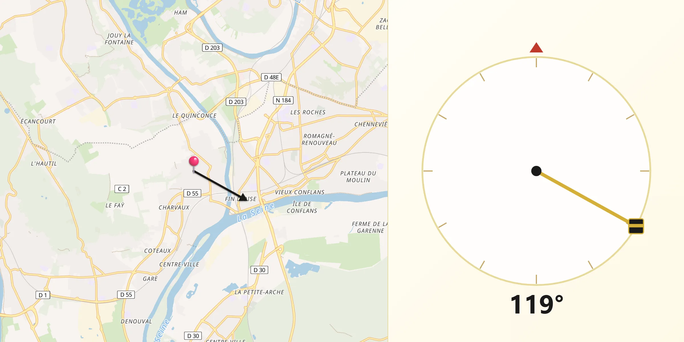 Direction vers la Qibla depuis Maurecourt