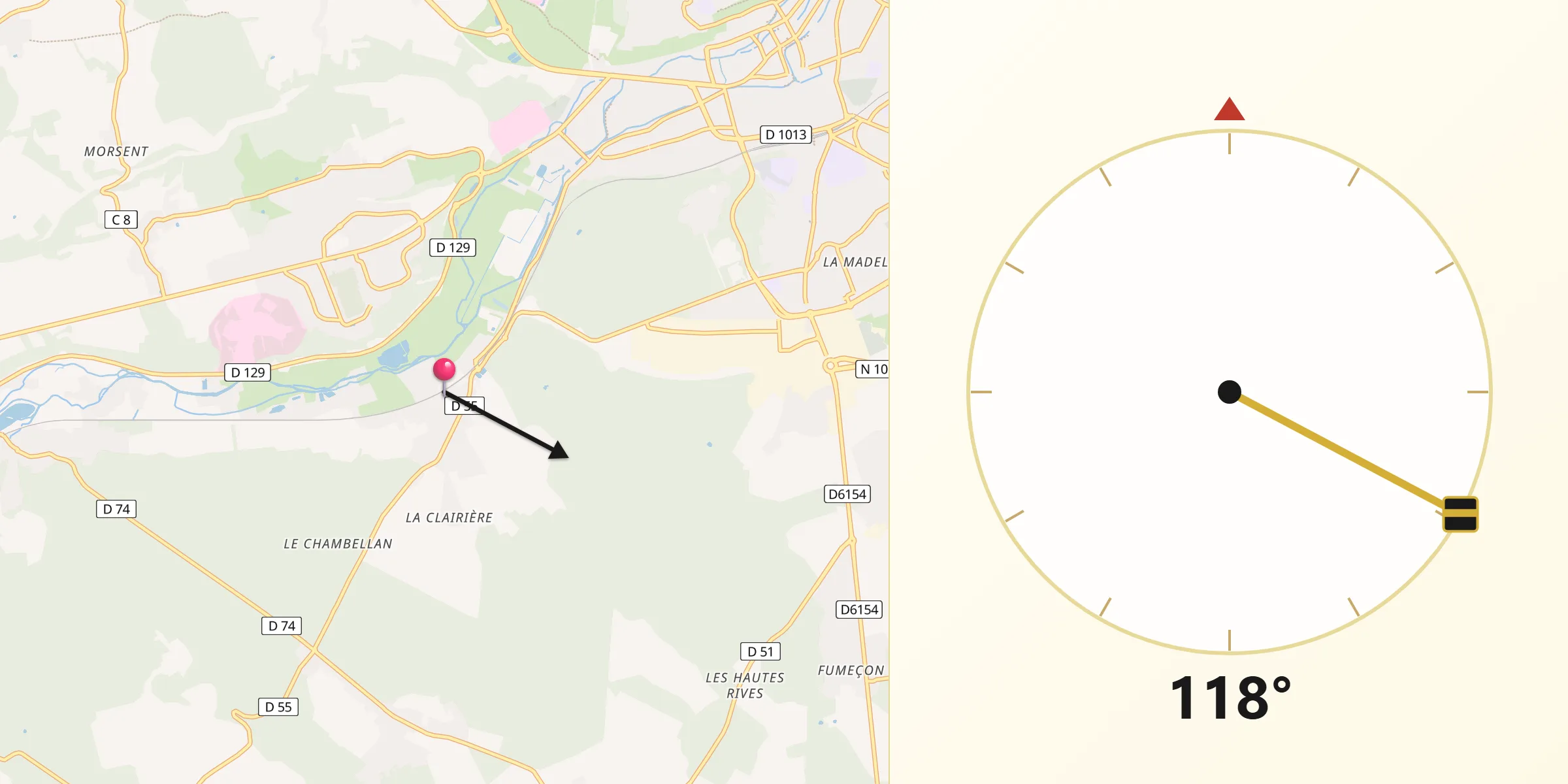 Direction vers la Qibla depuis Arnières-sur-Iton
