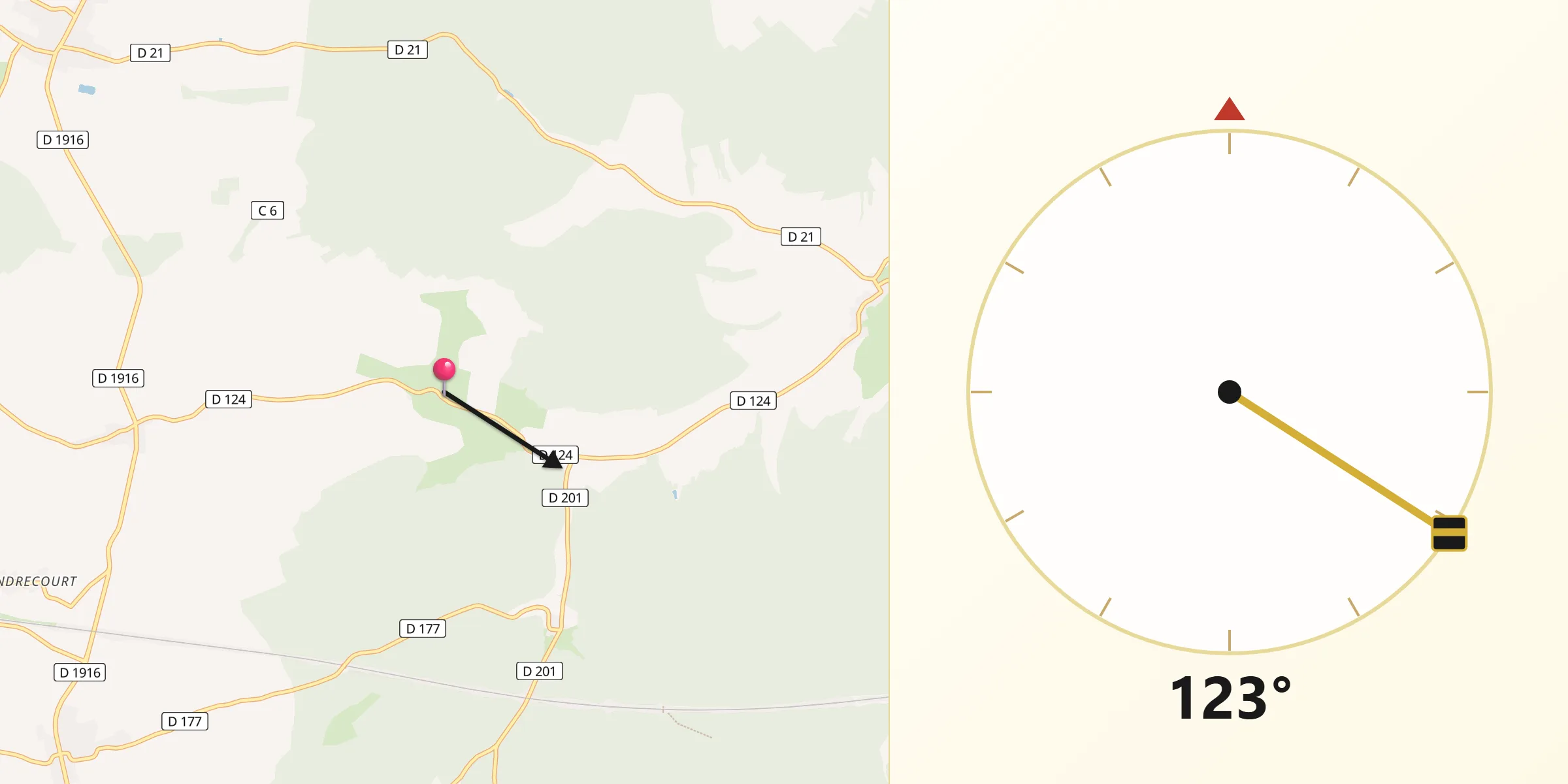 Direction vers la Qibla depuis Récourt-le-Creux