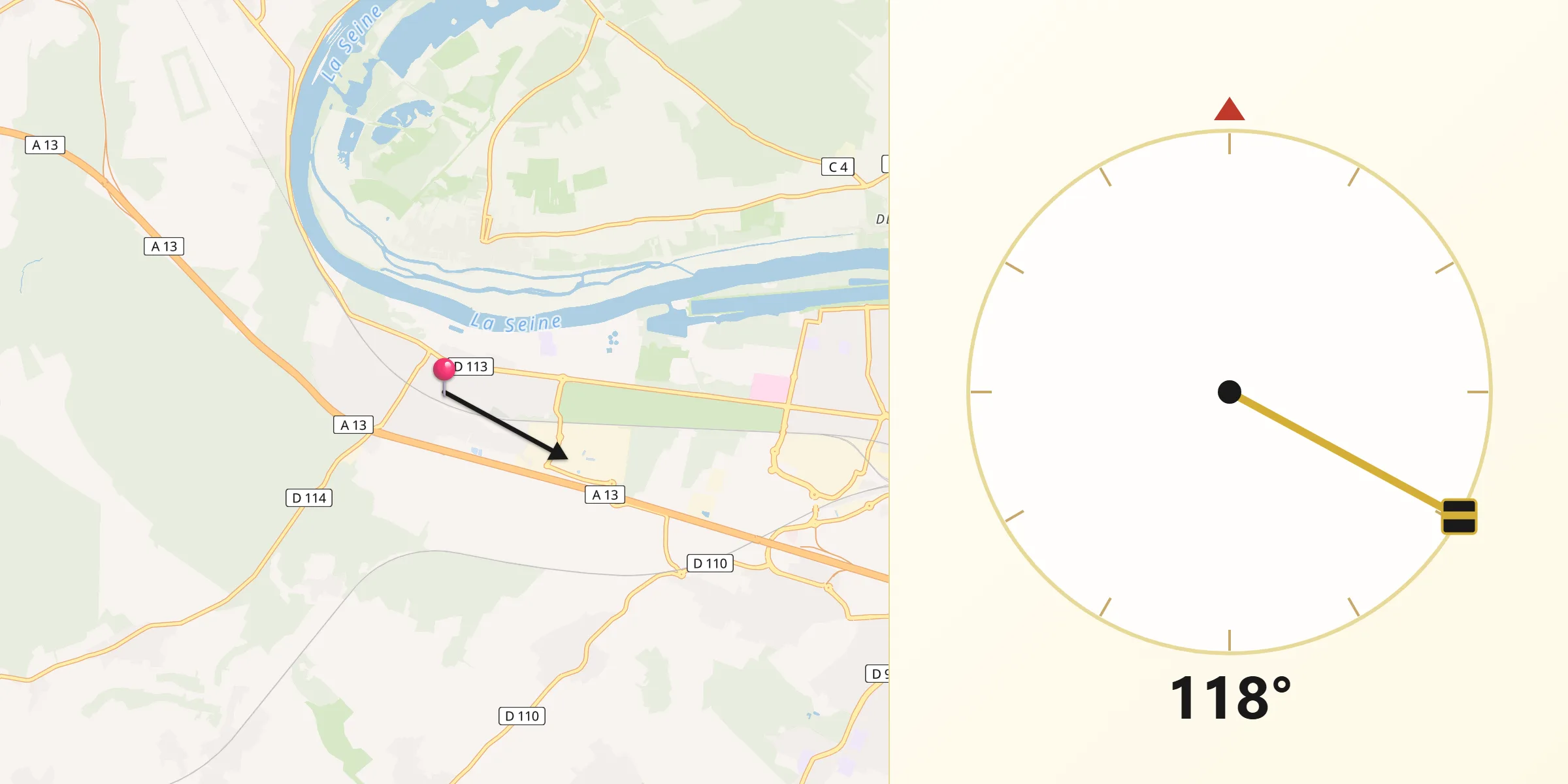 Direction vers la Qibla depuis Rosny-sur-Seine