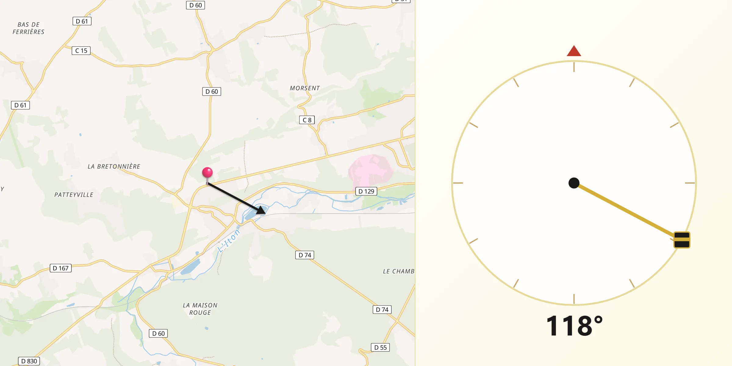 Direction vers la Qibla depuis La Bonneville-sur-Iton