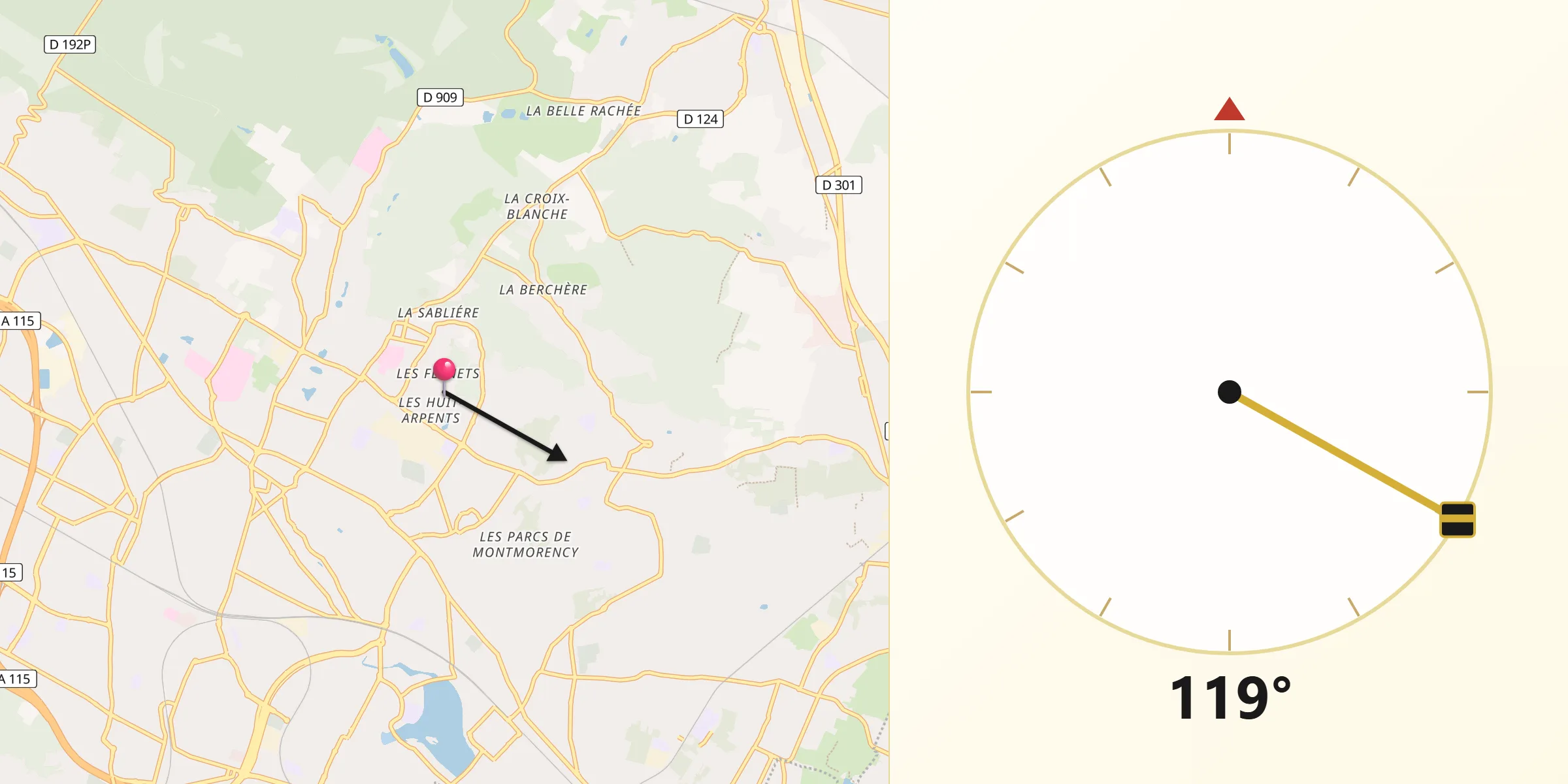 Direction vers la Qibla depuis Margency