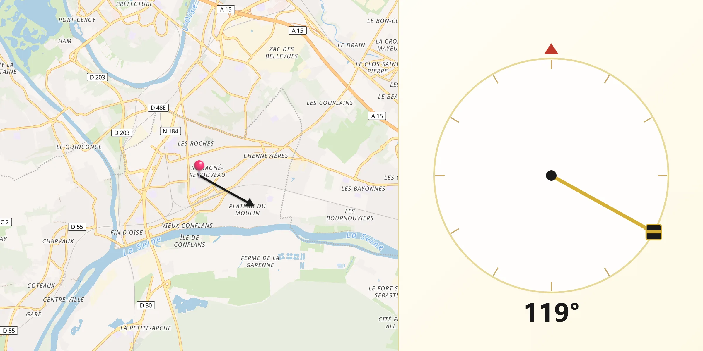 Direction vers la Qibla depuis Conflans-Sainte-Honorine