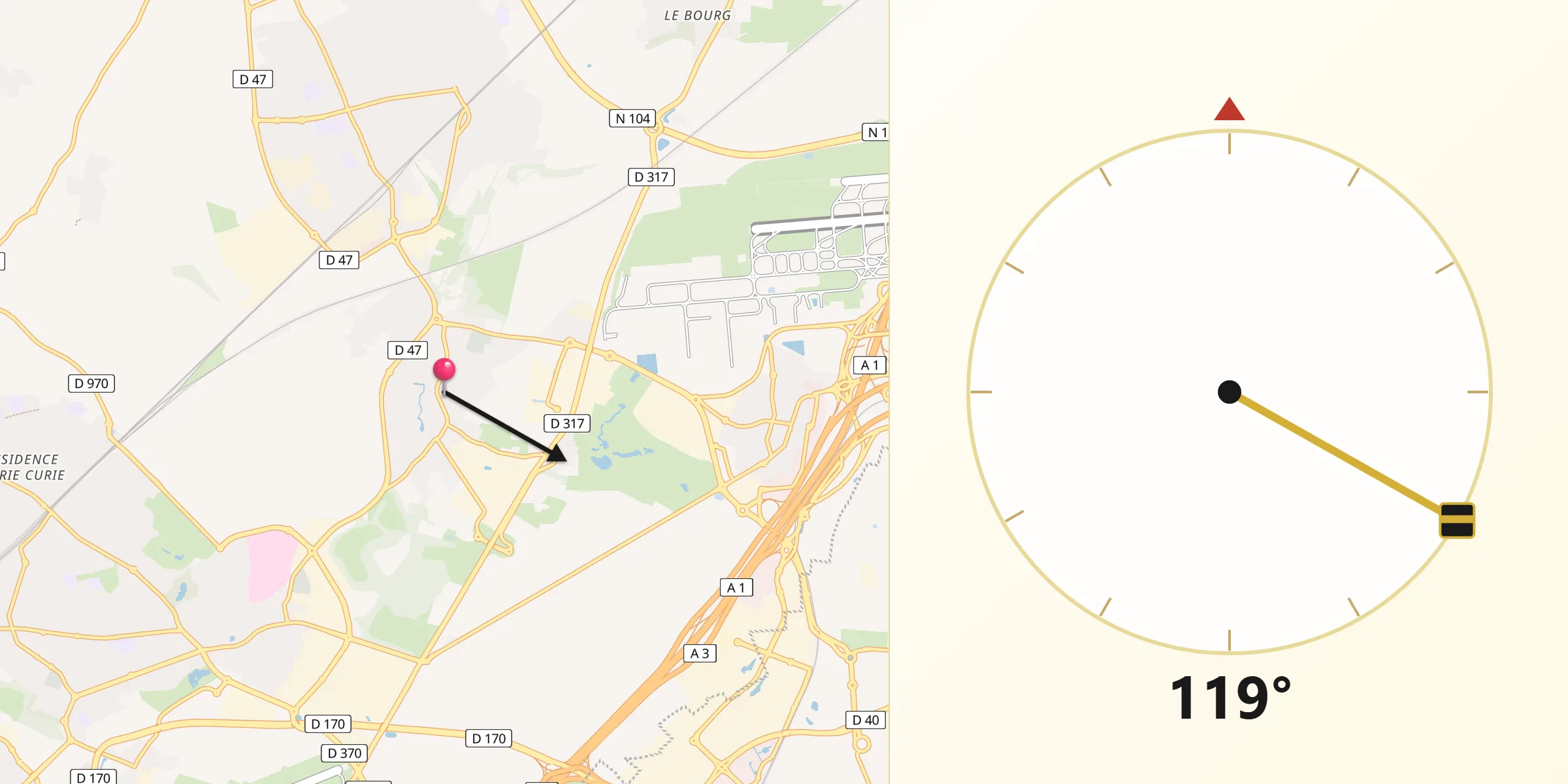 Direction vers la Qibla depuis Le Thillay