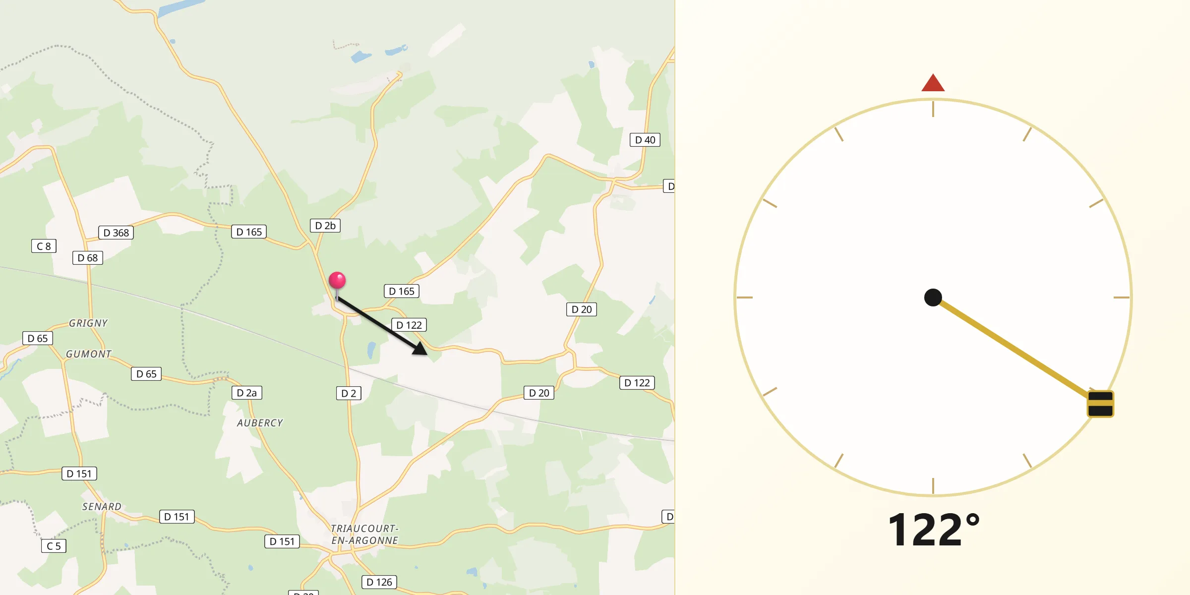Direction vers la Qibla depuis Foucaucourt-sur-Thabas