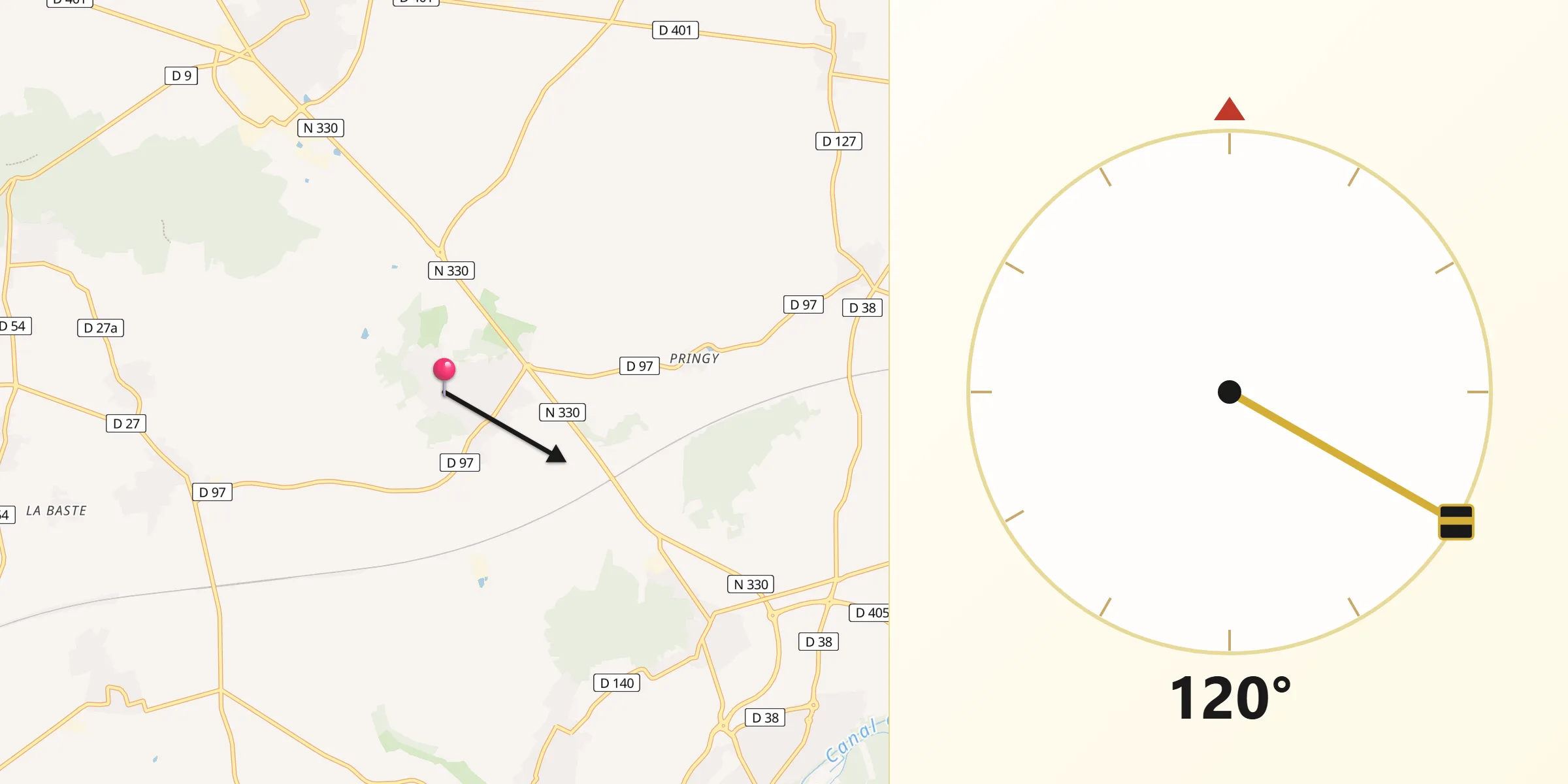 Direction vers la Qibla depuis Monthyon