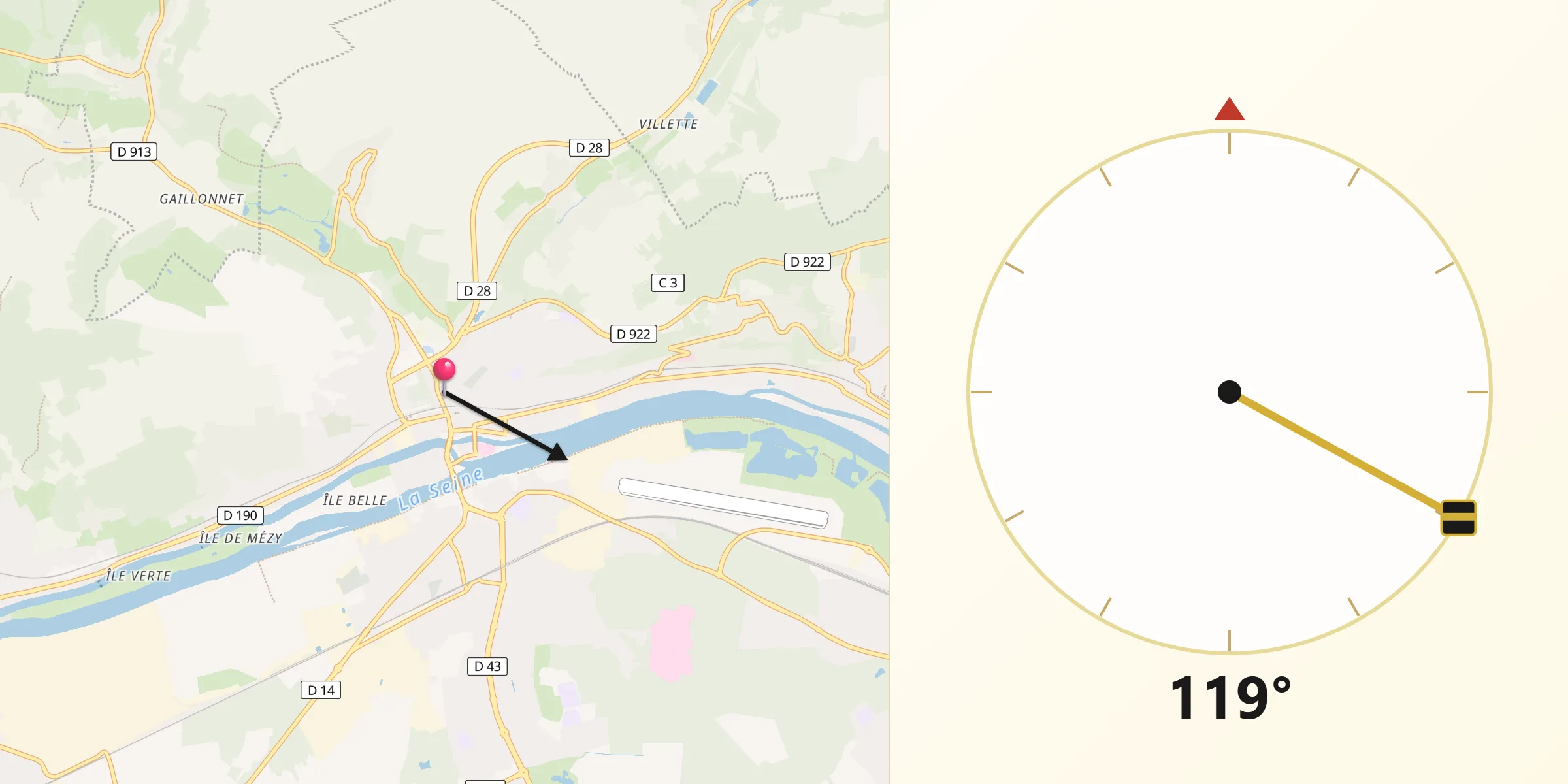 Direction vers la Qibla depuis Meulan-en-Yvelines