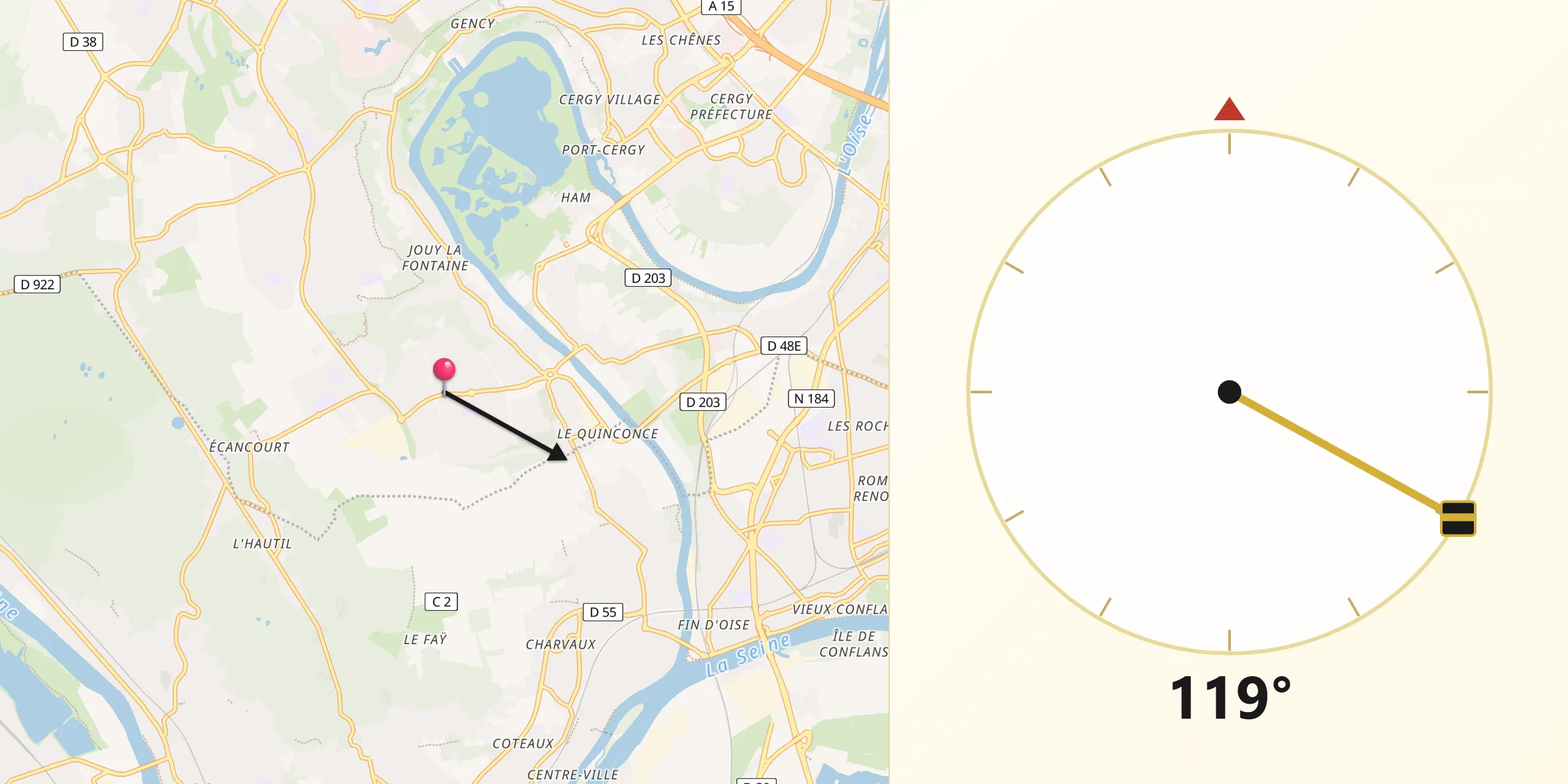 Direction vers la Qibla depuis Jouy-le-Moutier