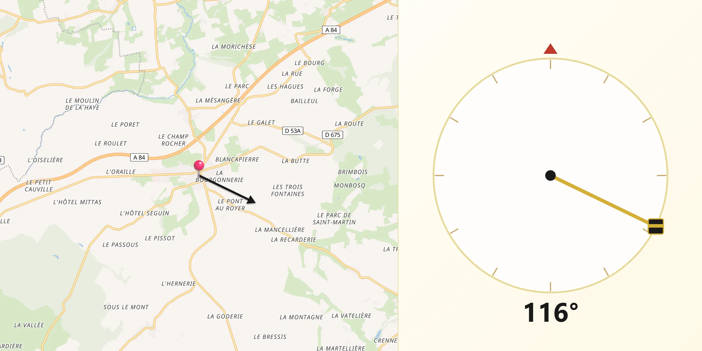 Direction vers la Qibla depuis Saint-Martin-des-Besaces
