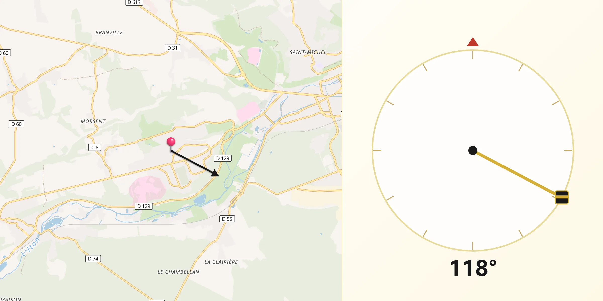 Direction vers la Qibla depuis Saint-Sébastien-de-Morsent