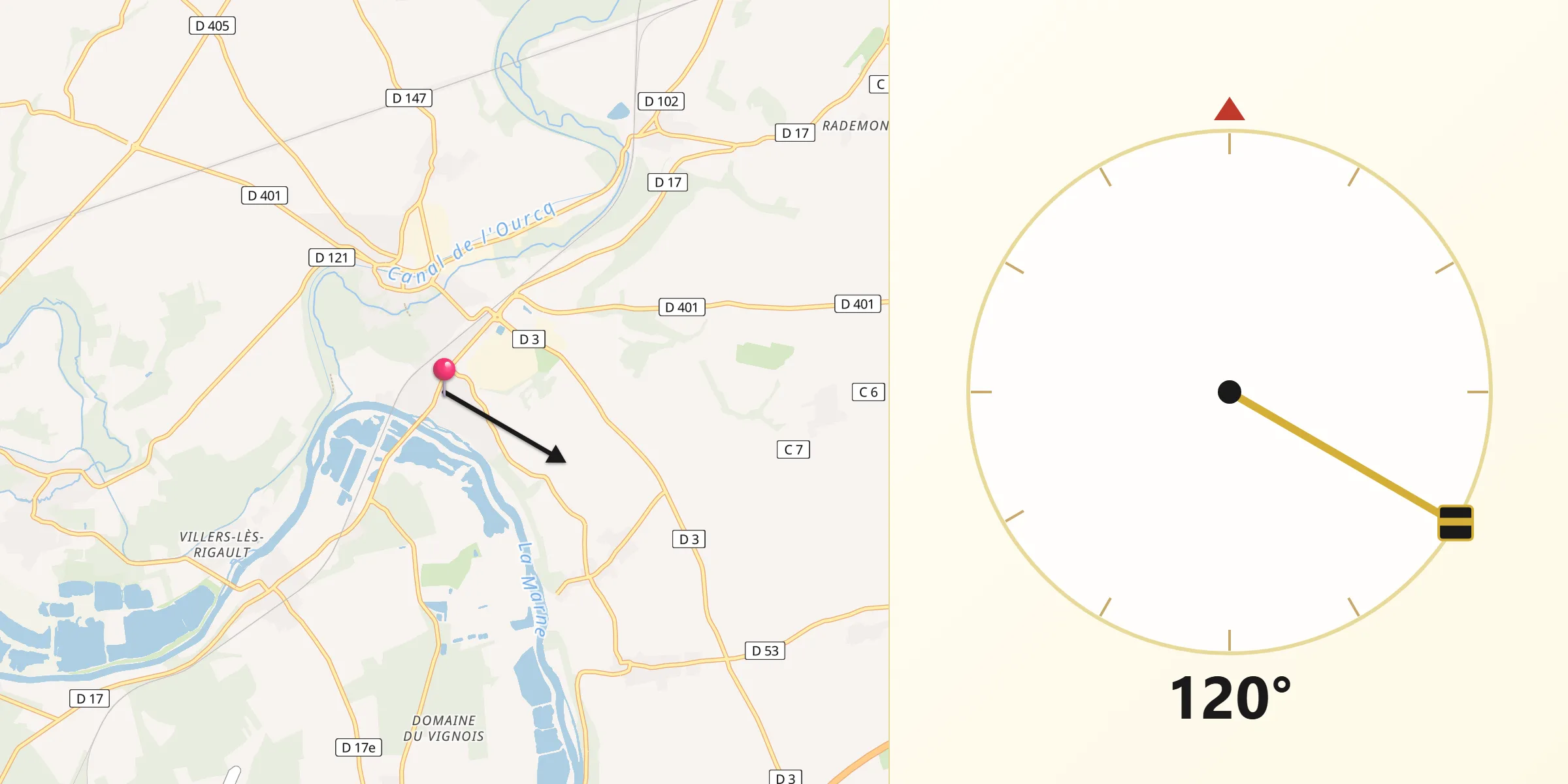 Direction vers la Qibla depuis Mary-sur-Marne
