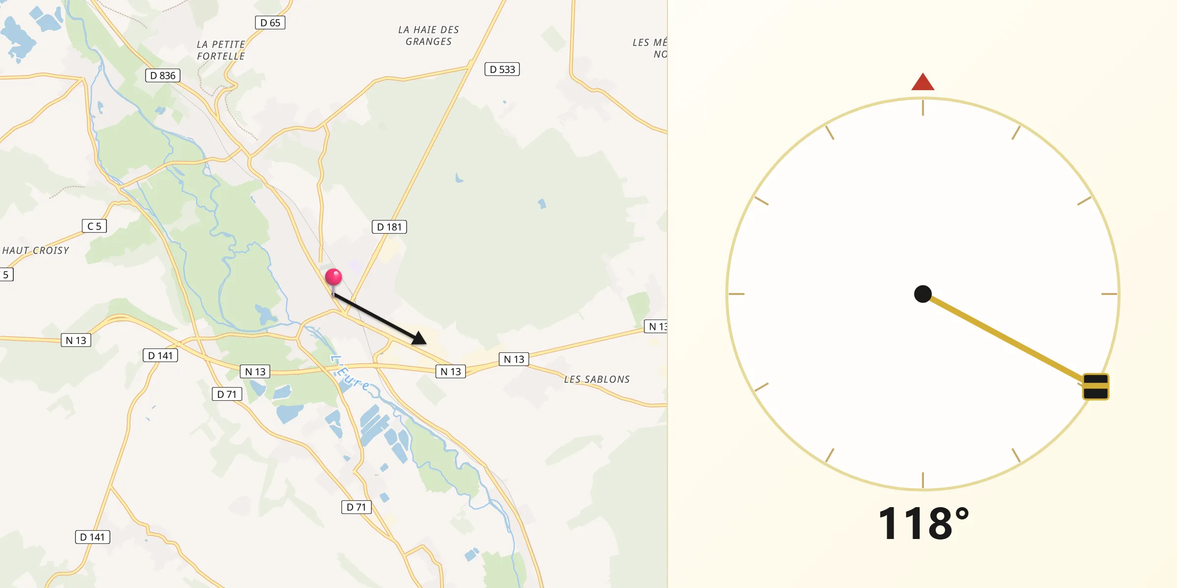 Direction vers la Qibla depuis Pacy-sur-Eure