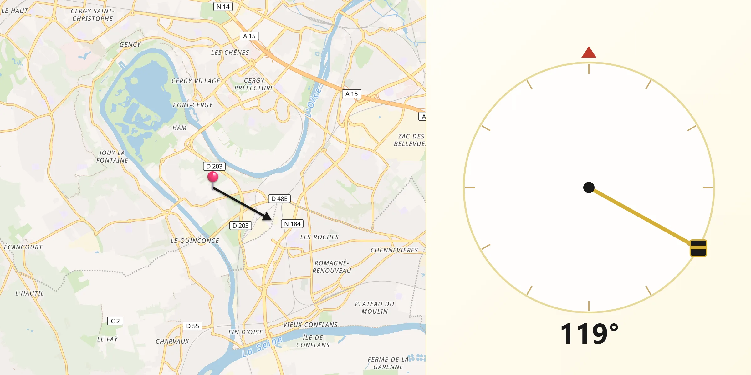 Direction vers la Qibla depuis Neuville-sur-Oise