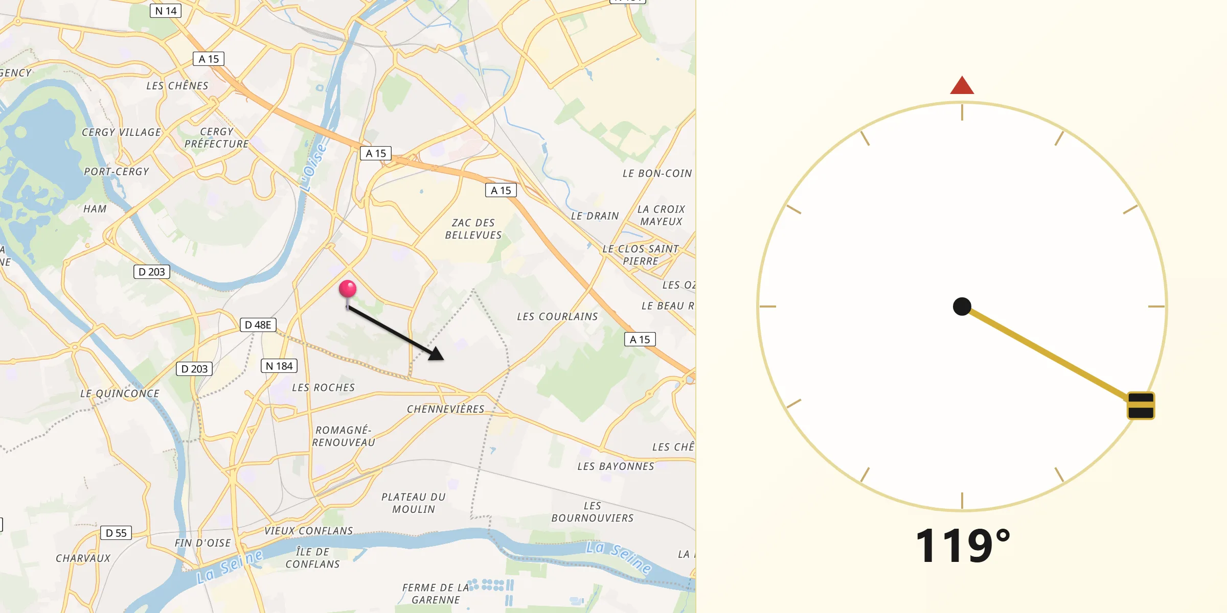 Direction vers la Qibla depuis Éragny