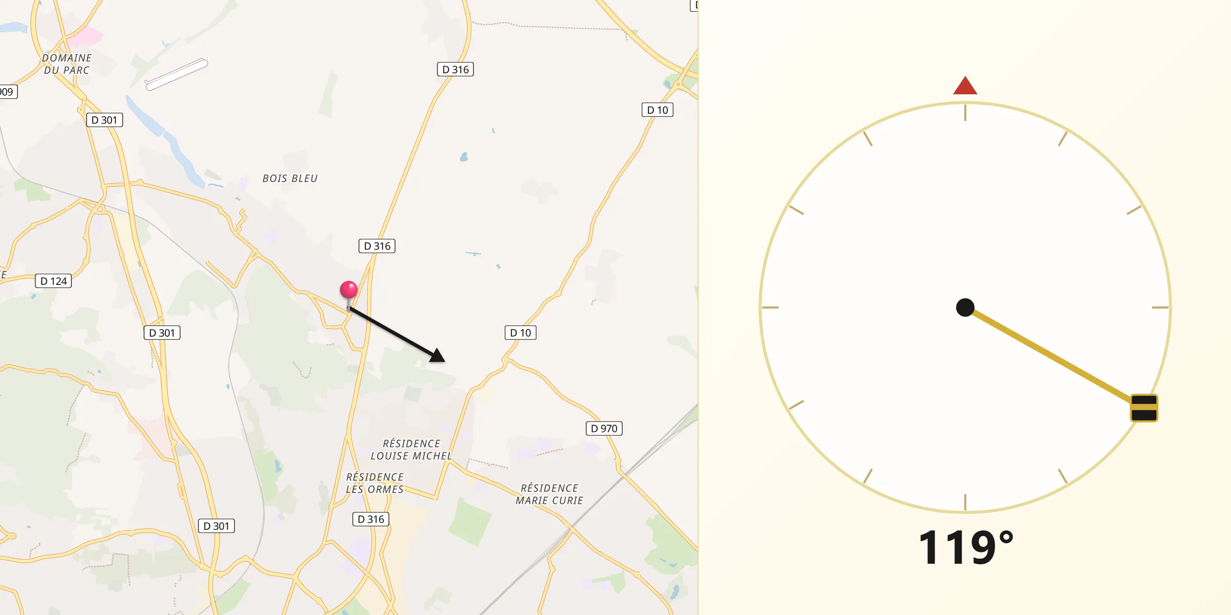 Direction vers la Qibla depuis Écouen