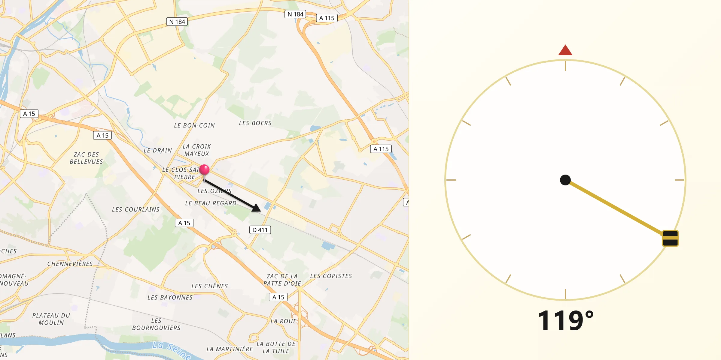 Direction vers la Qibla depuis Pierrelaye