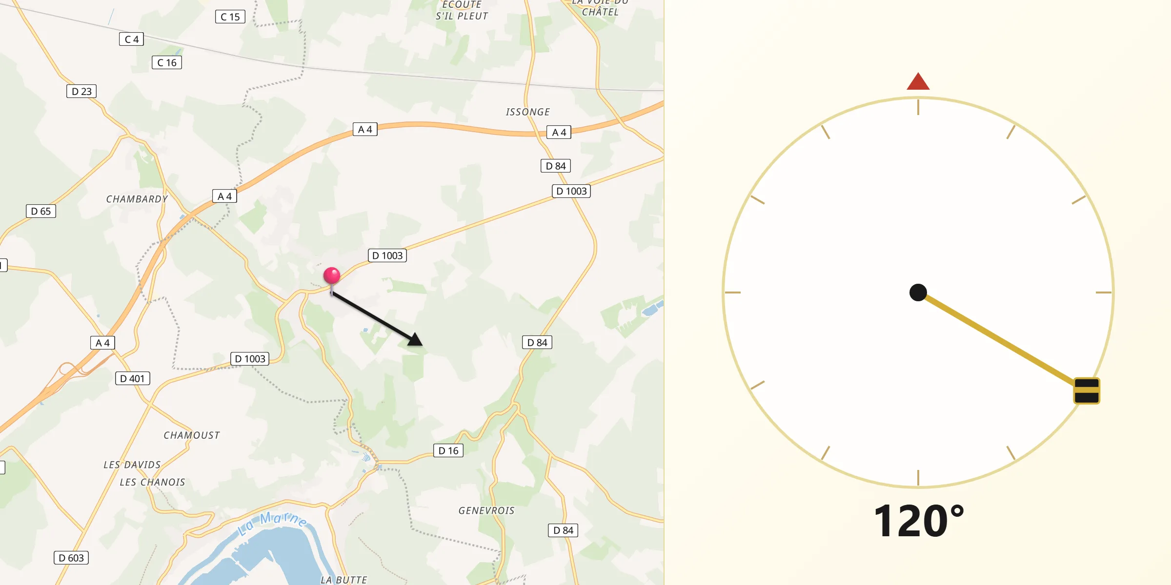Direction vers la Qibla depuis Montreuil-aux-Lions