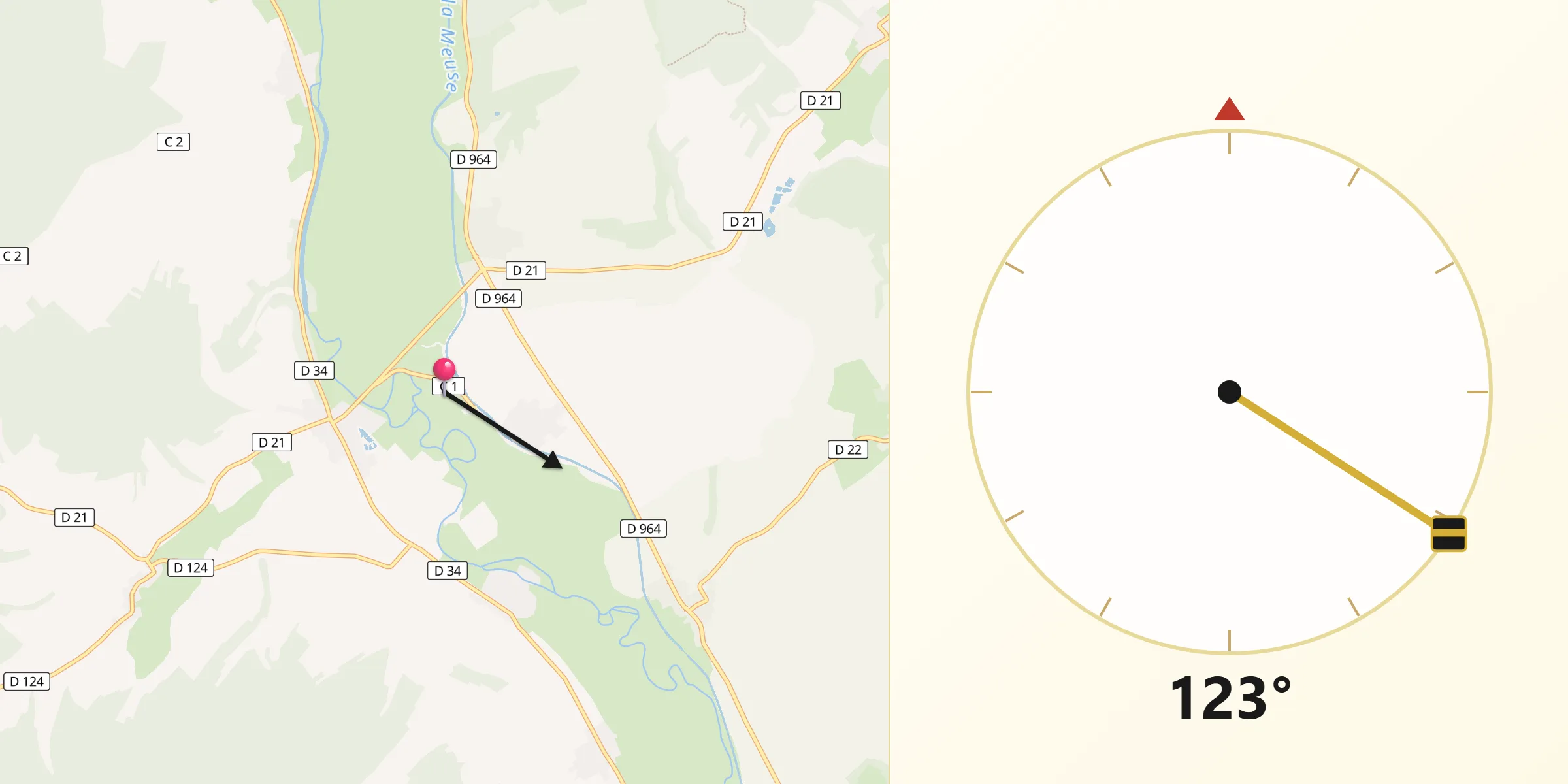 Direction vers la Qibla depuis Ambly-sur-Meuse