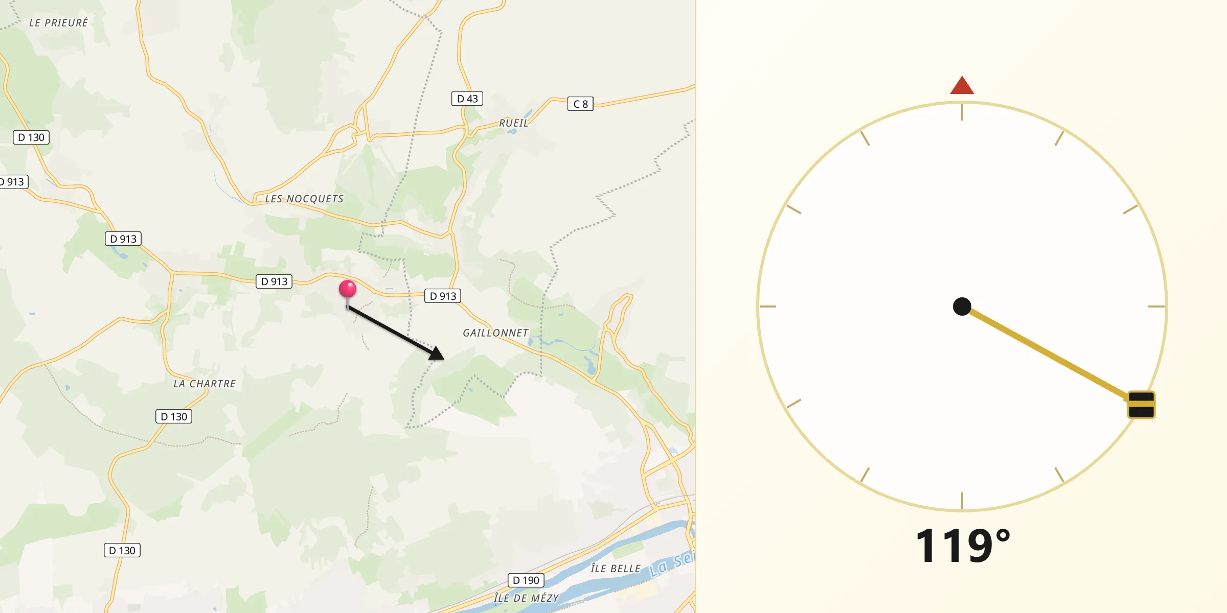 Direction vers la Qibla depuis Oinville-sur-Montcient