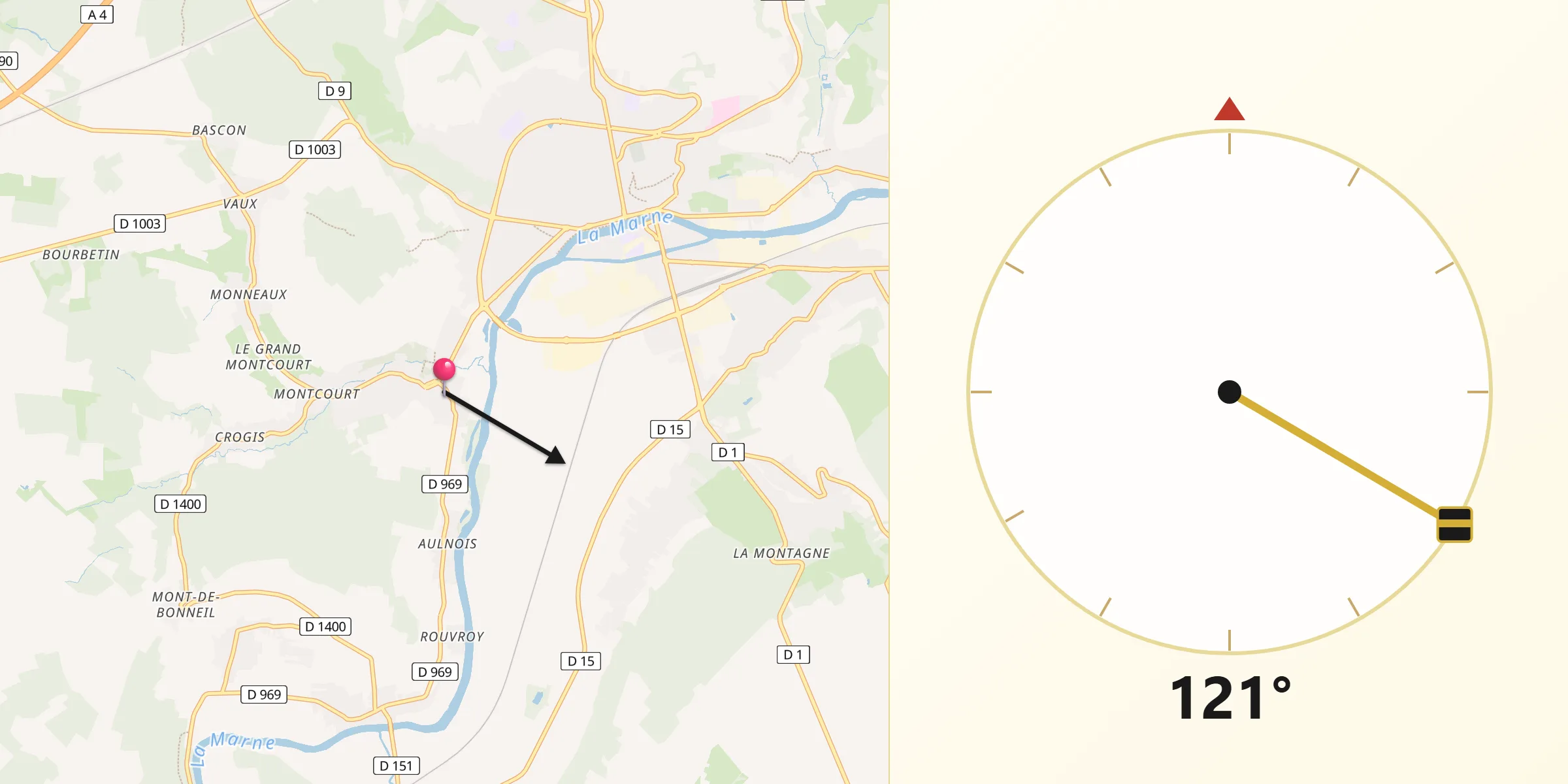 Direction vers la Qibla depuis Essômes-sur-Marne