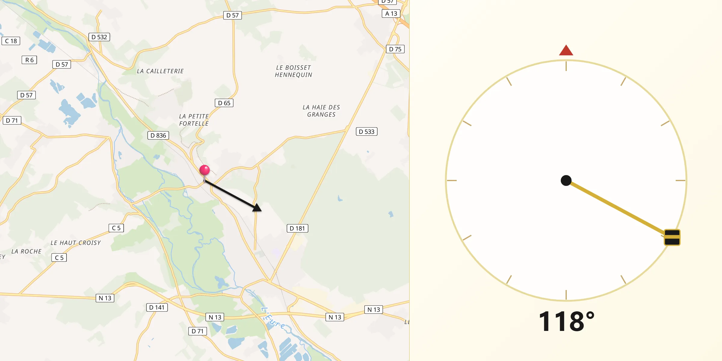 Direction vers la Qibla depuis Ménilles