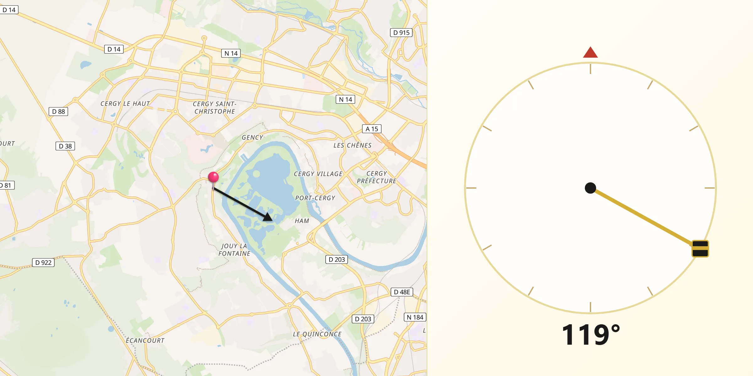Direction vers la Qibla depuis Vauréal