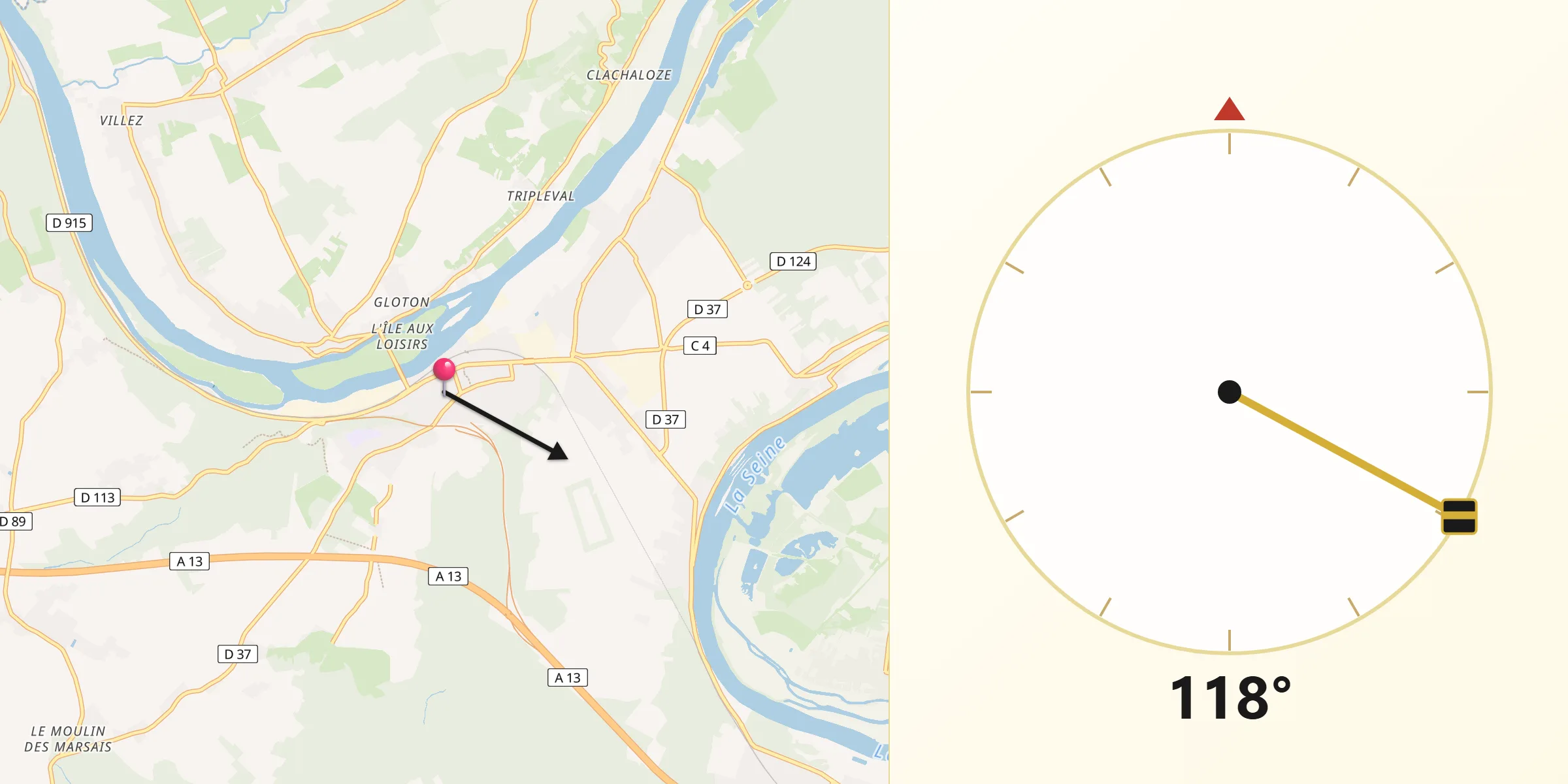 Direction vers la Qibla depuis Bonnières-sur-Seine