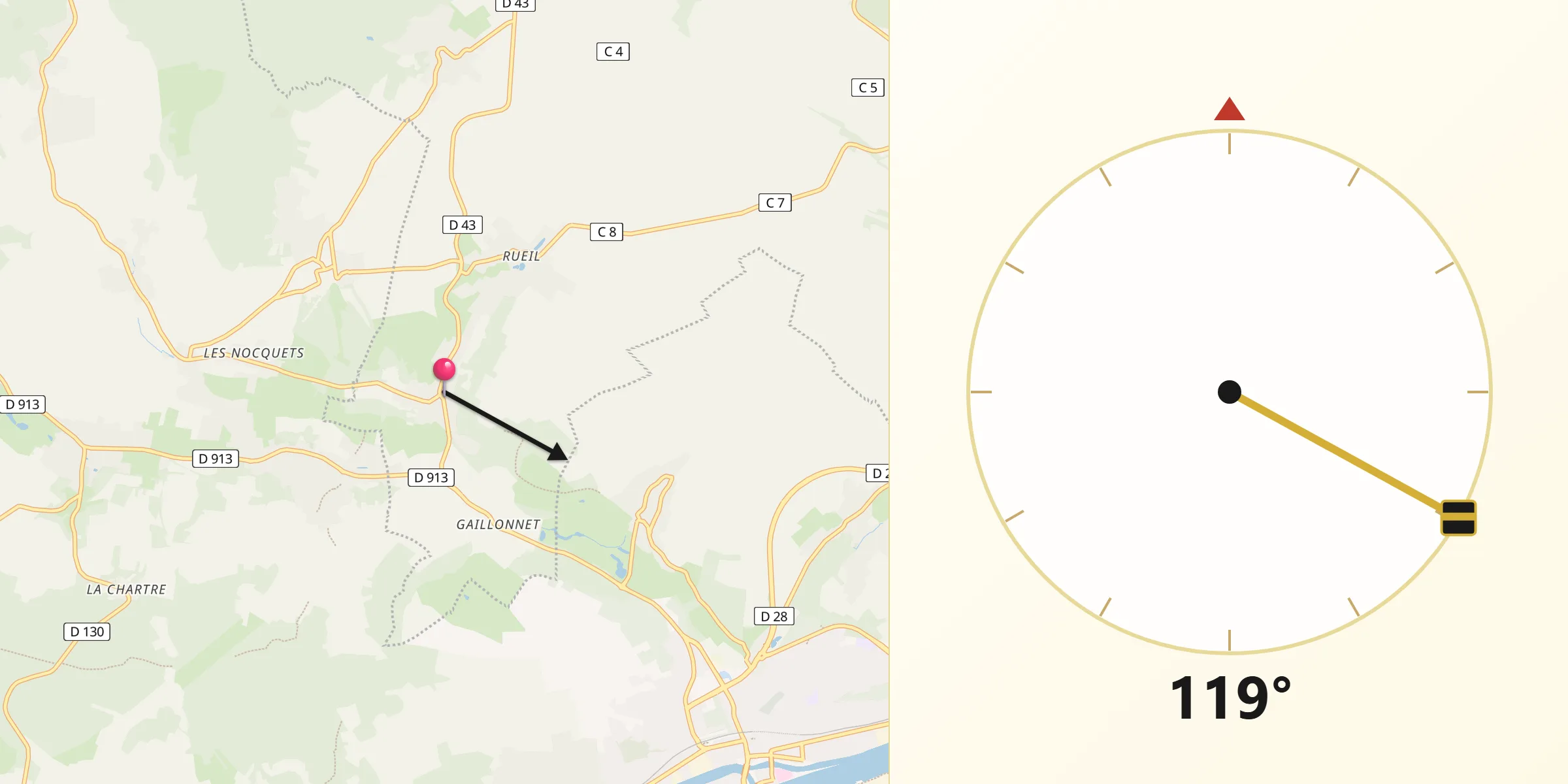 Direction vers la Qibla depuis Seraincourt
