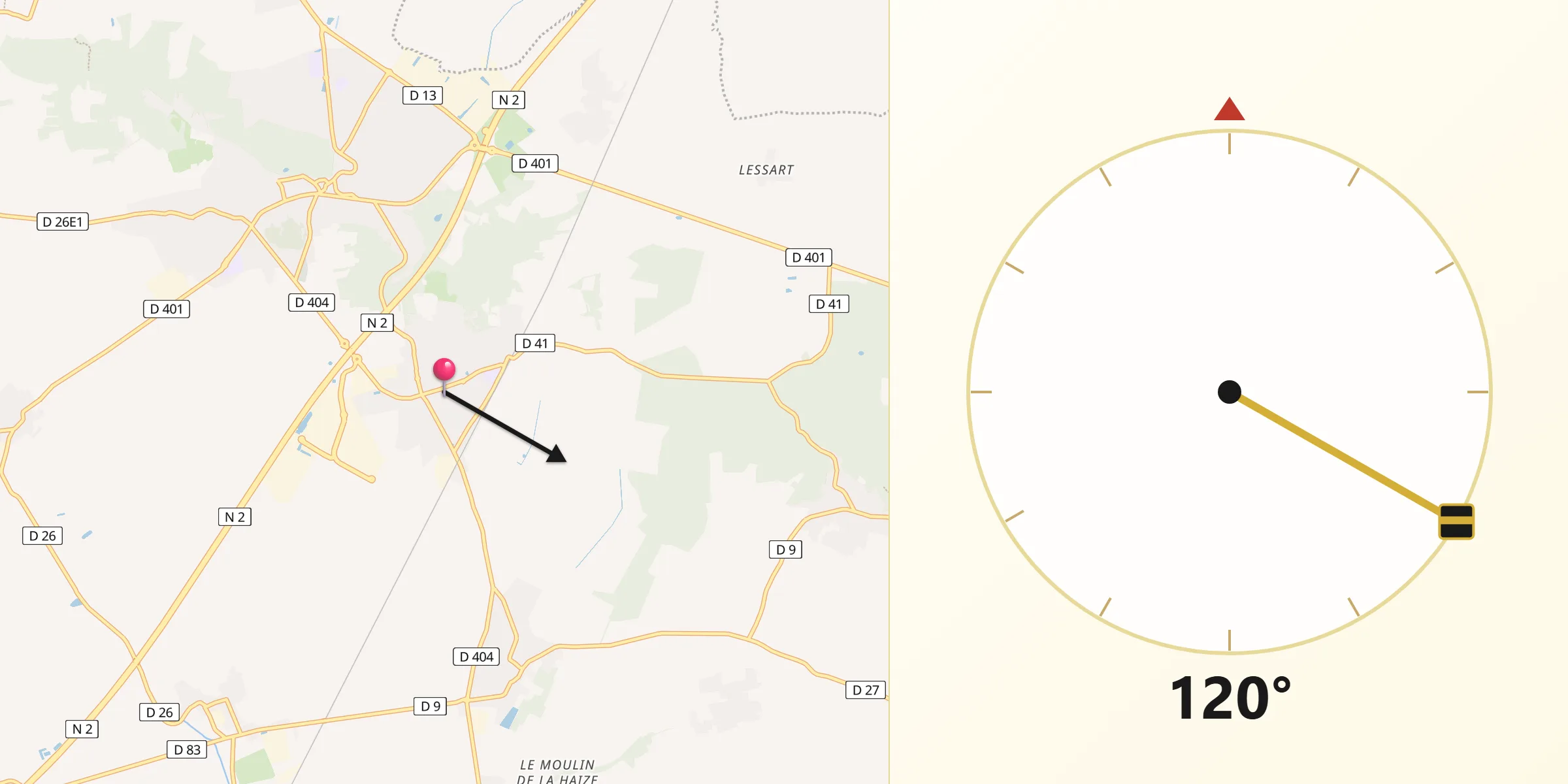 Direction vers la Qibla depuis Saint-Mard