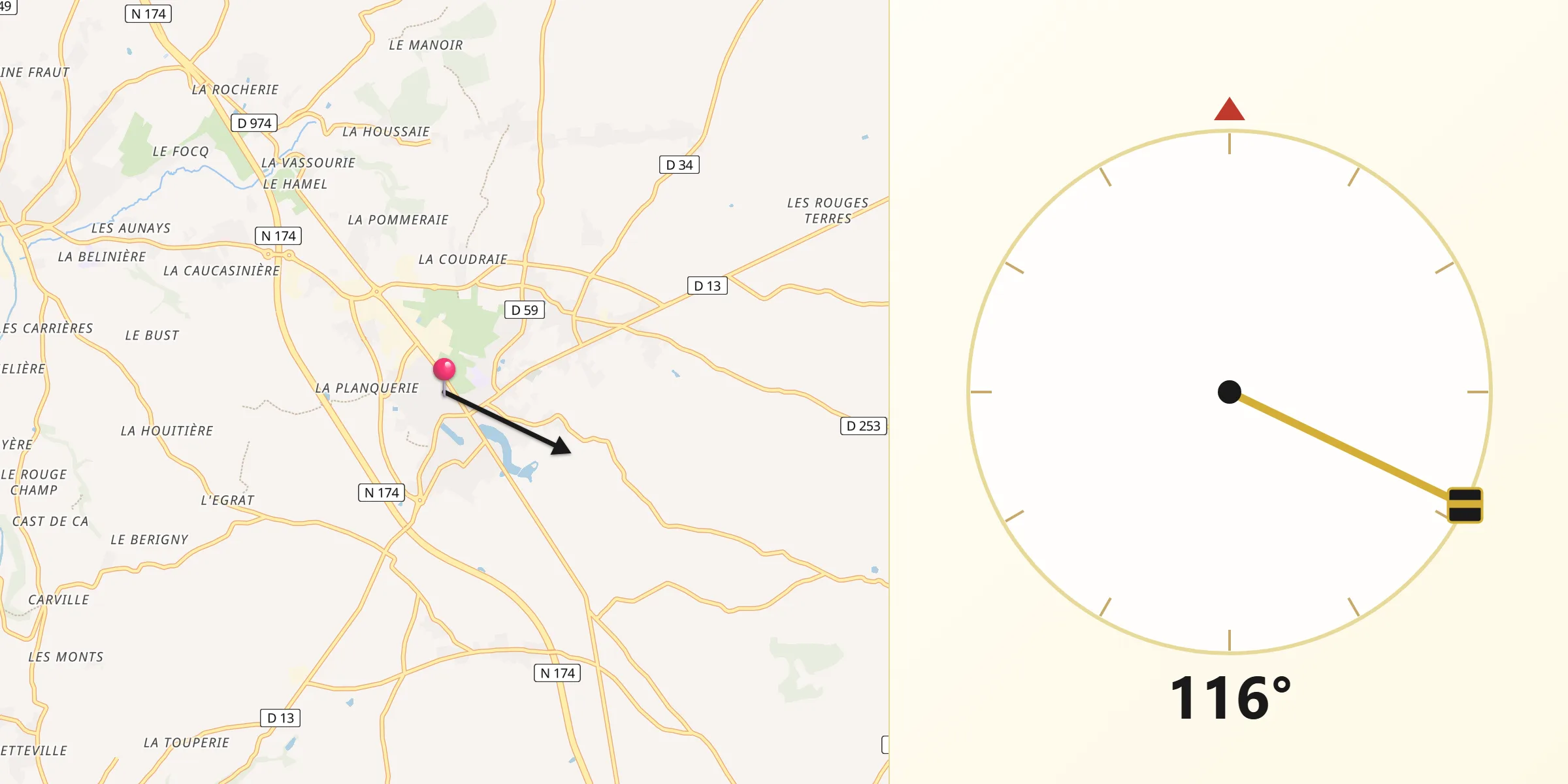 Direction vers la Qibla depuis Torigni-sur-Vire