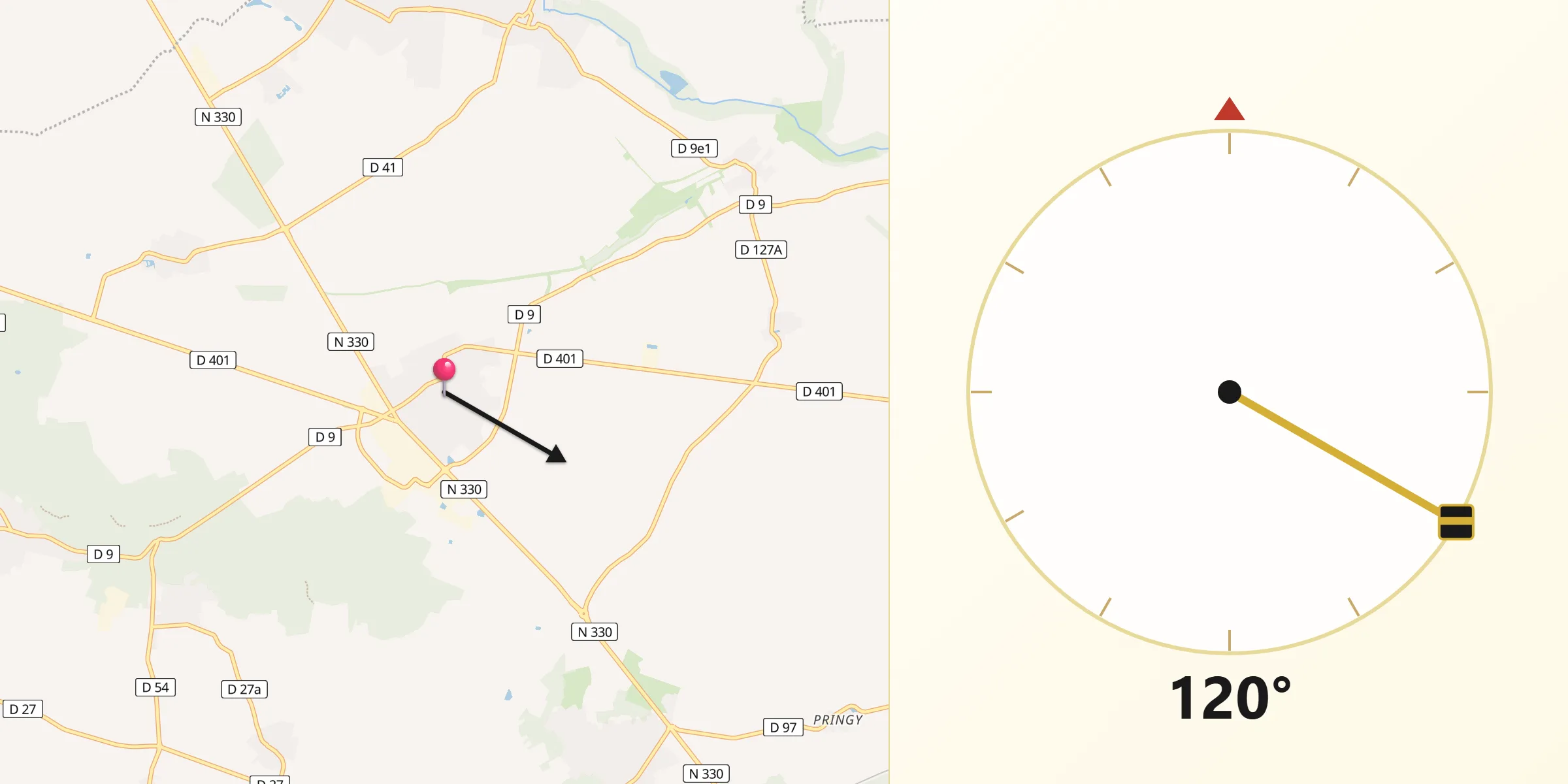 Direction vers la Qibla depuis Saint-Soupplets