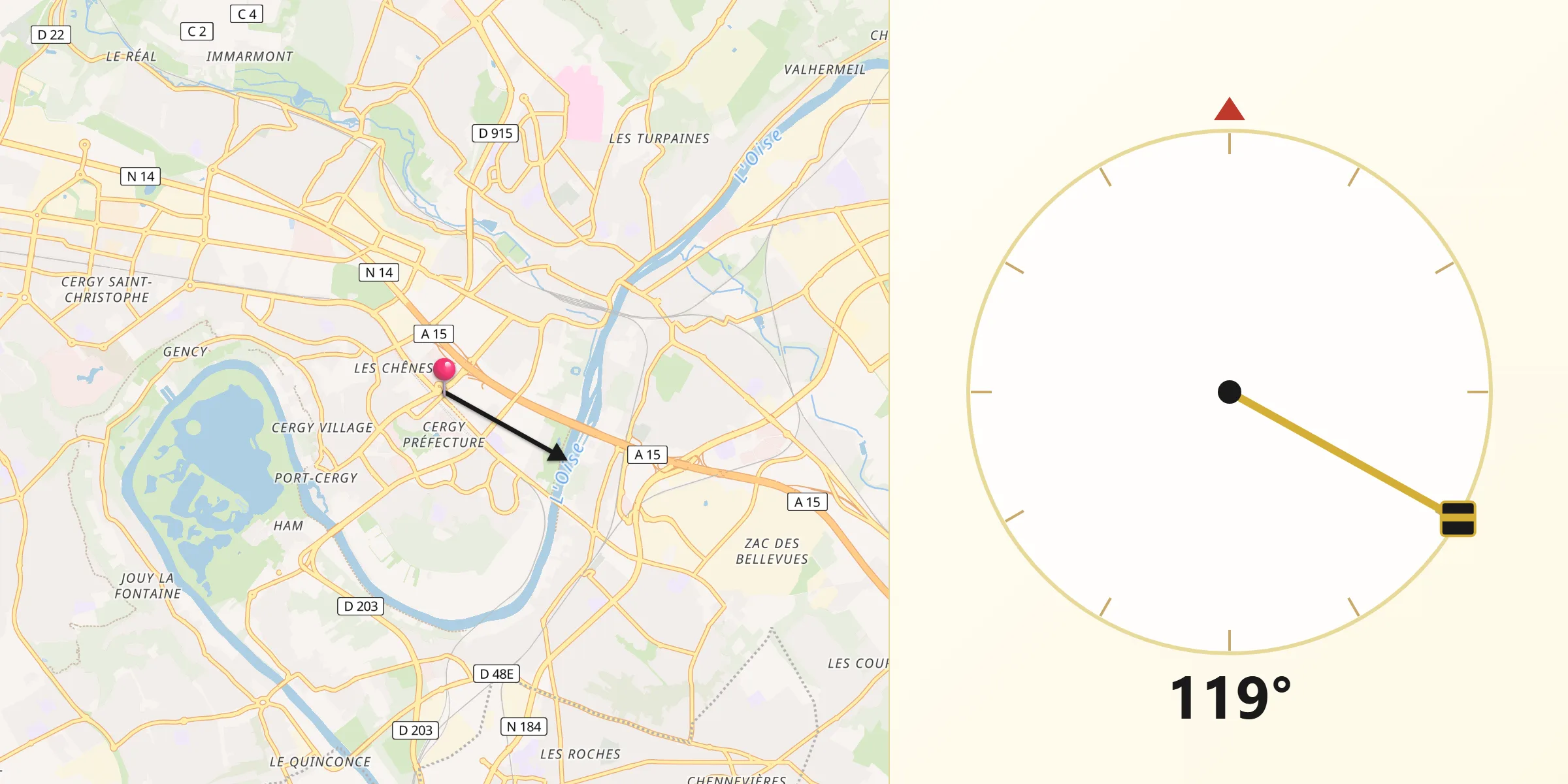 Qibla Richting vanaf Cergy-Pontoise