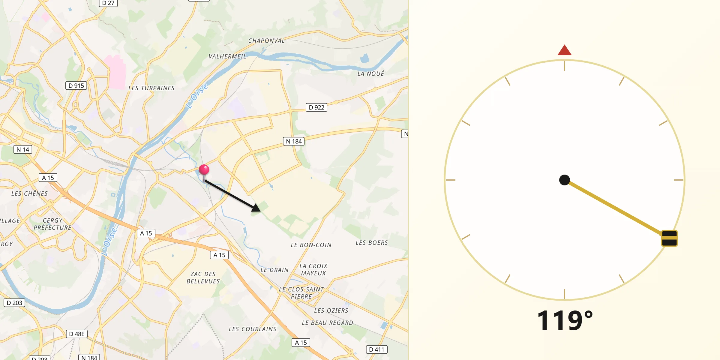 Direction vers la Qibla depuis Saint-Ouen-l’Aumône