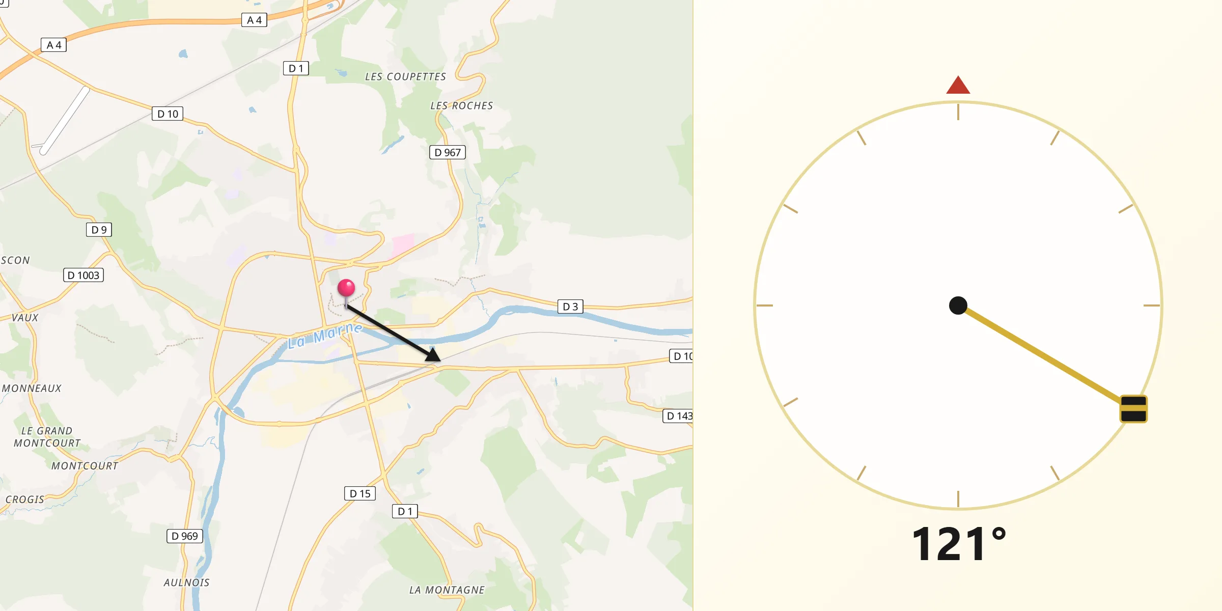 Direction vers la Qibla depuis Château-Thierry
