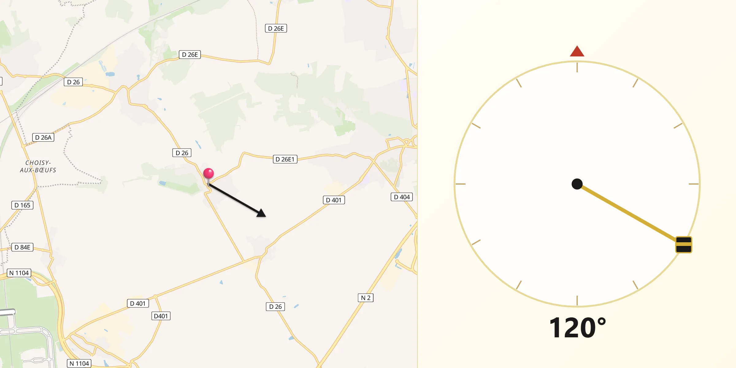 Direction vers la Qibla depuis Moussy-le-Vieux