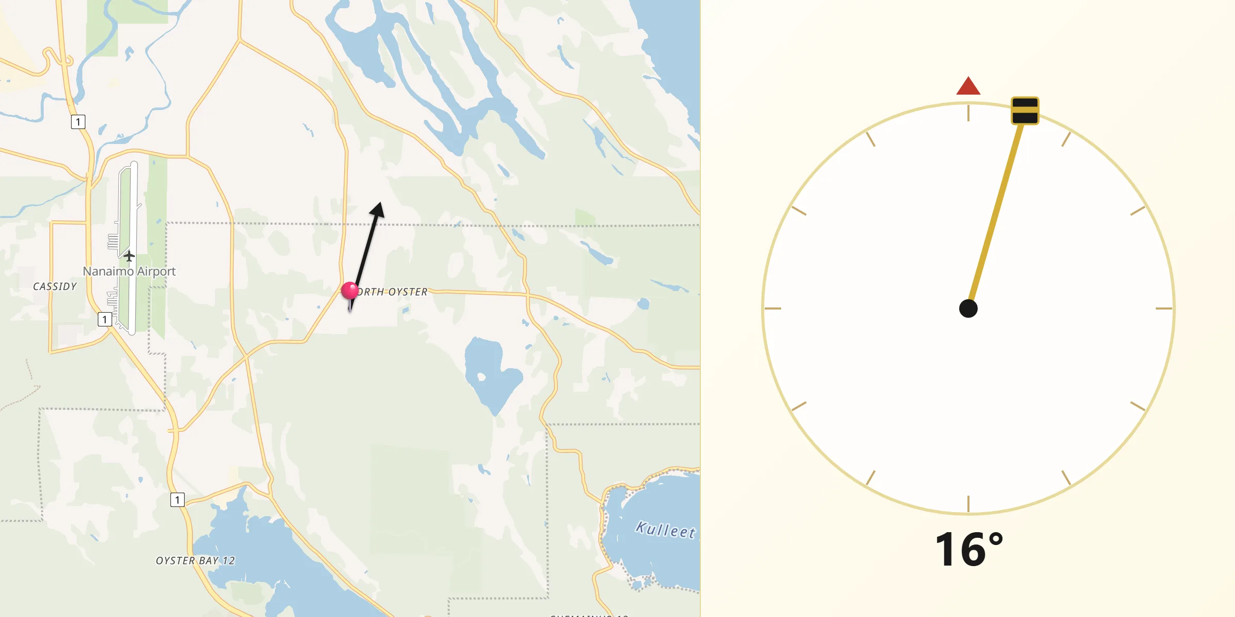 Qibla Direction from North Oyster/Yellow Point