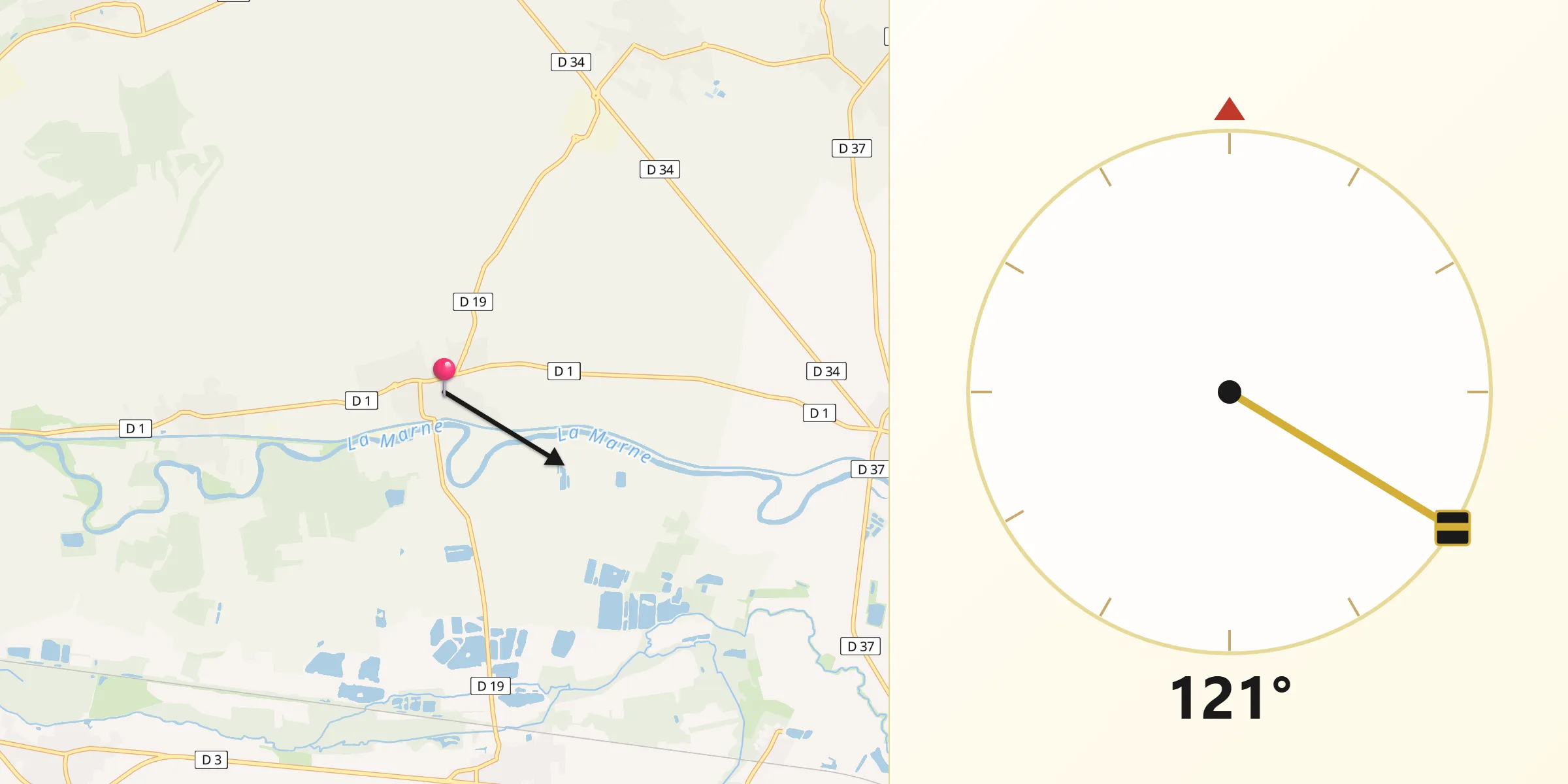 Direction vers la Qibla depuis Tours-sur-Marne