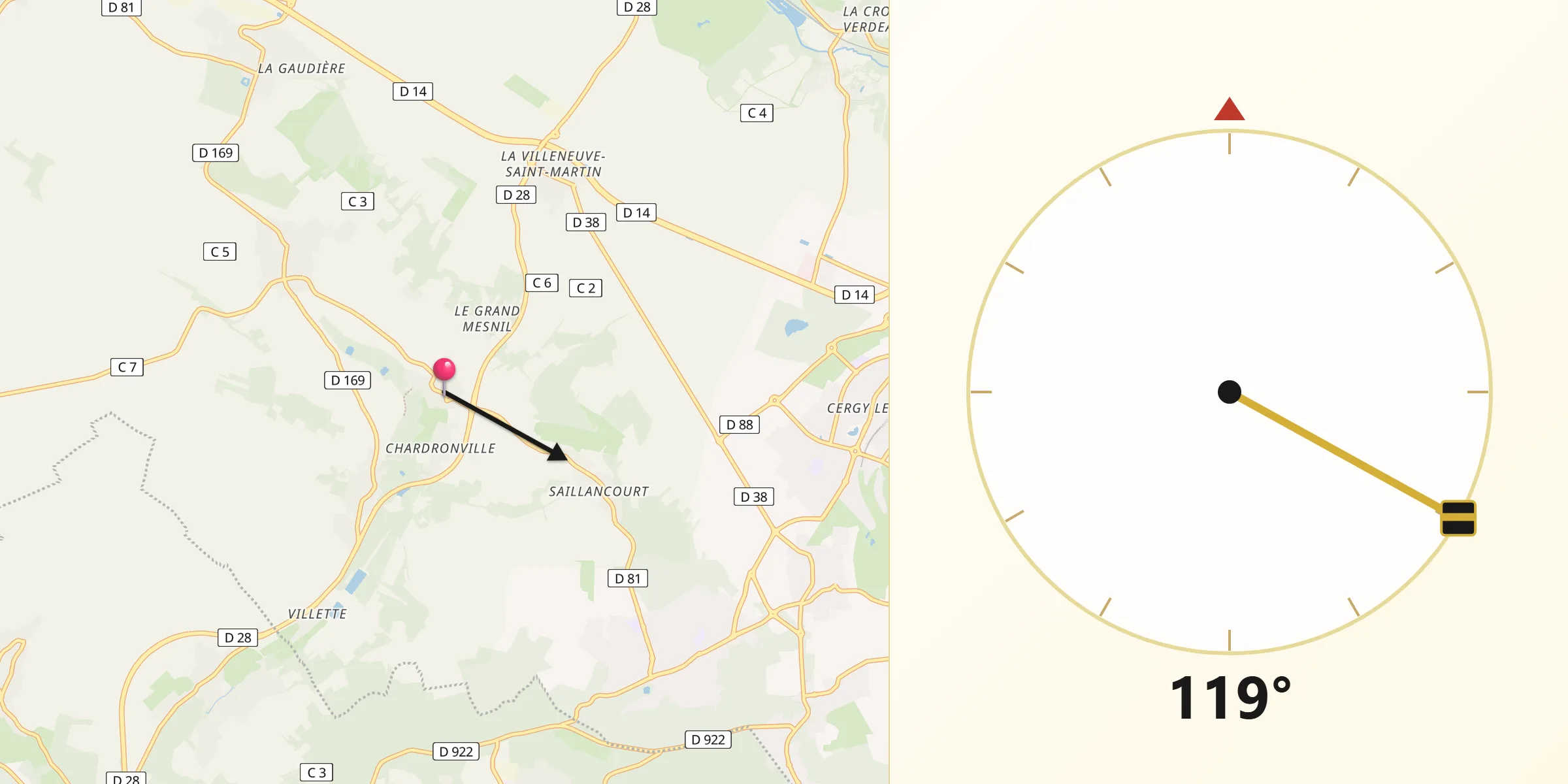 Direction vers la Qibla depuis Sagy