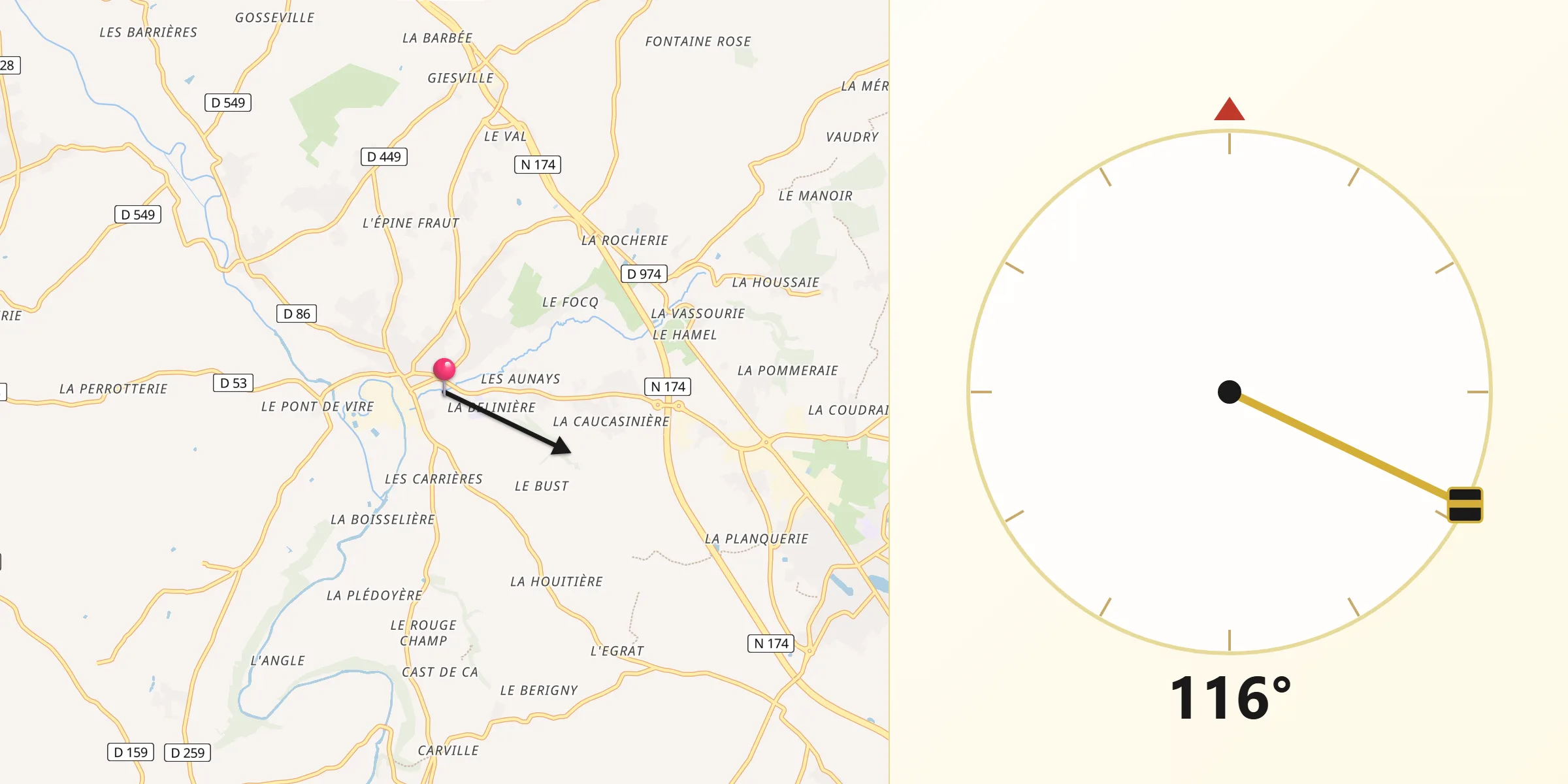 Direction vers la Qibla depuis Condé-sur-Vire