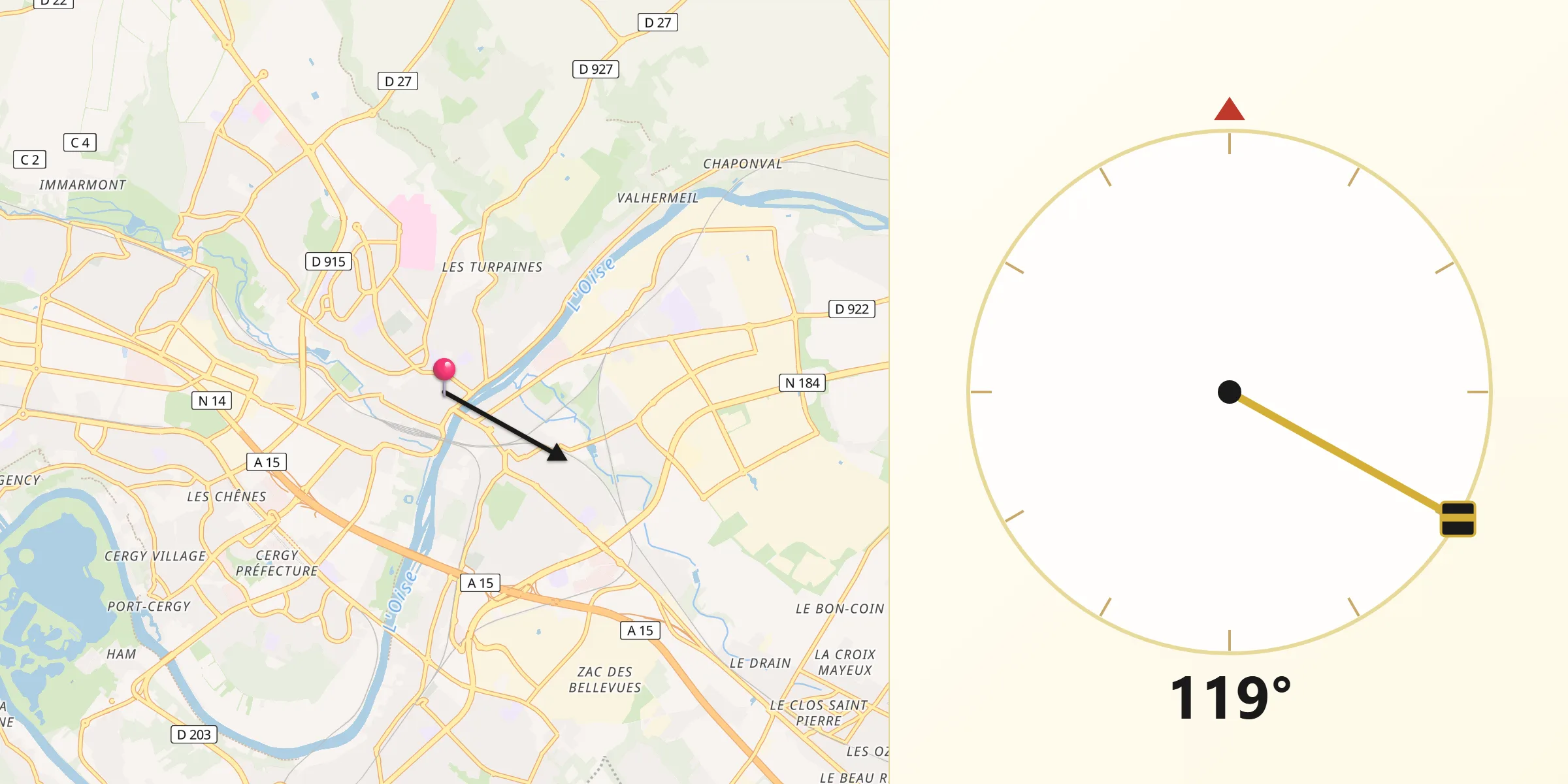 Direction vers la Qibla depuis Pontoise