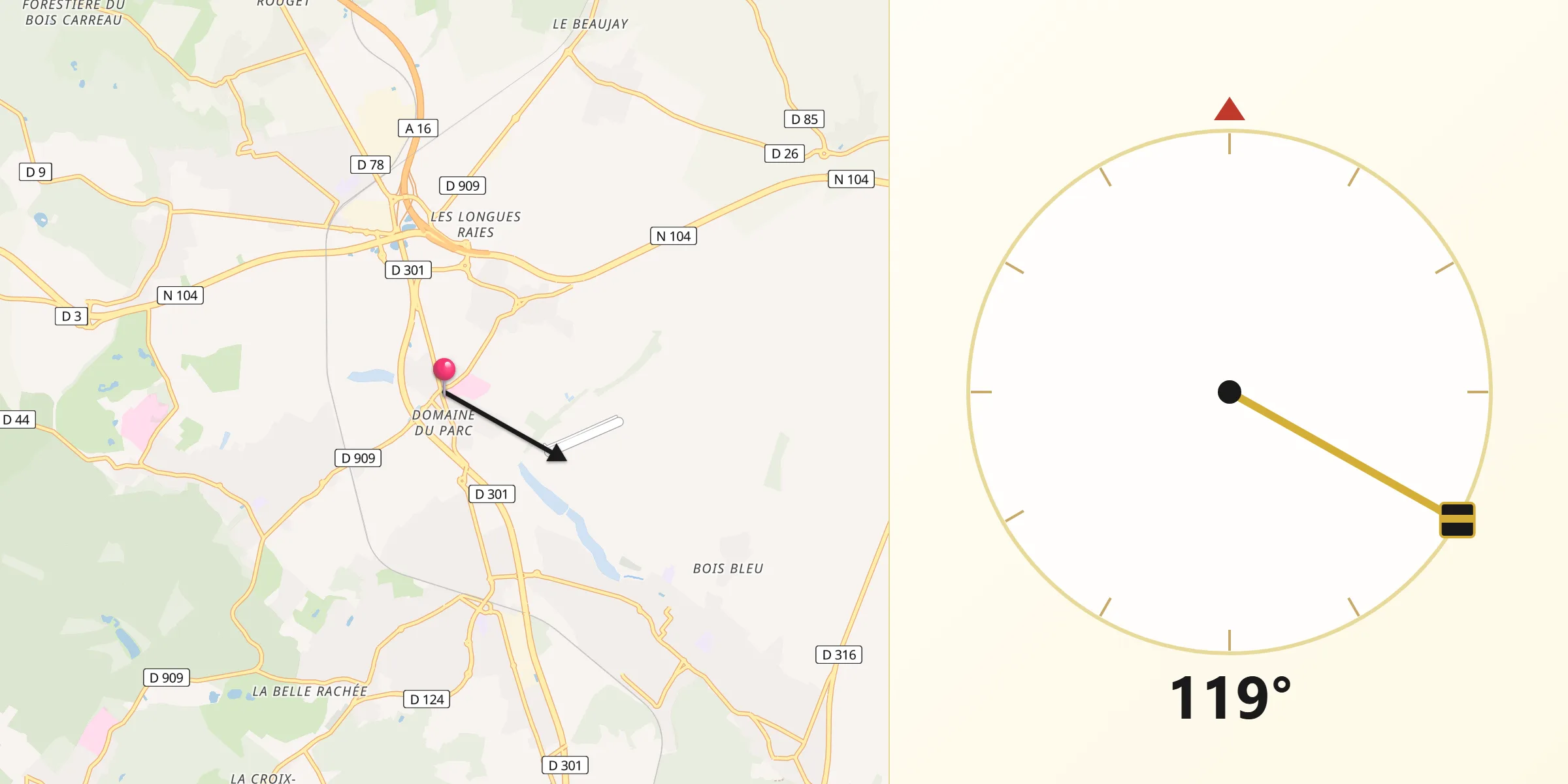 Direction vers la Qibla depuis Moisselles