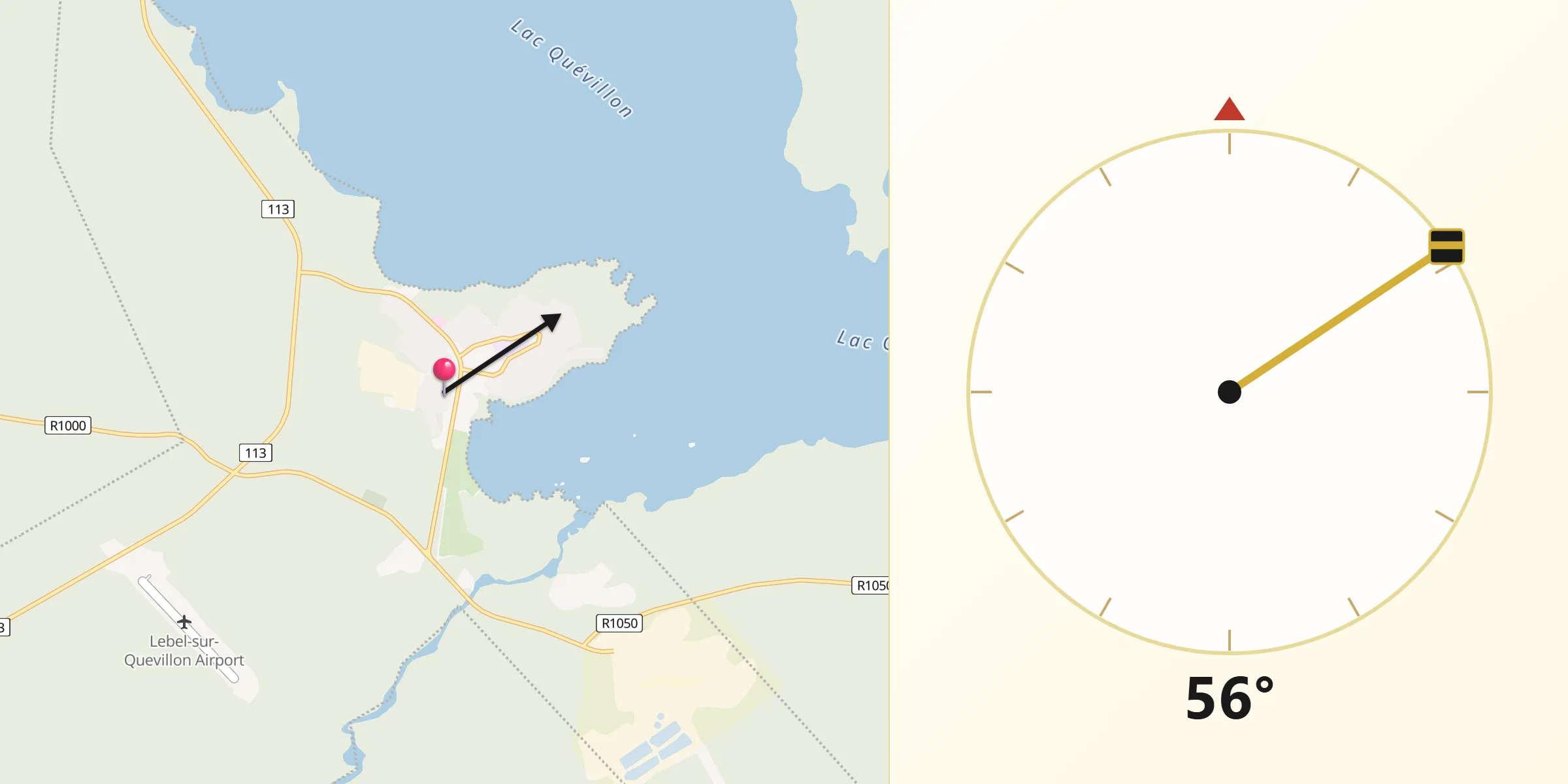 Qibla Direction from Lebel-sur-Quévillon